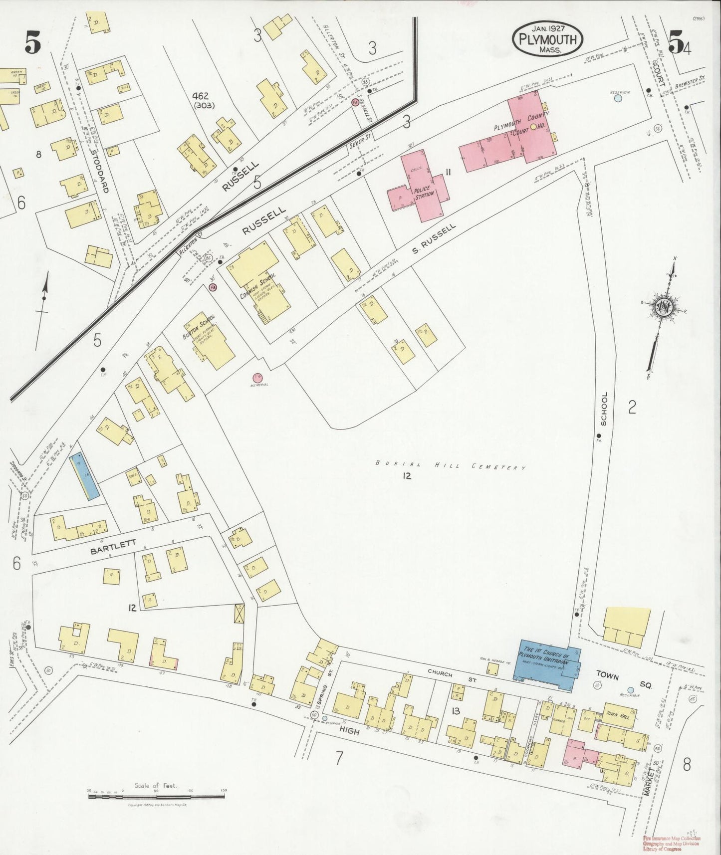 Sanborn Fire Insurance Map from Plymouth, Plymouth County, Massachusetts (1927), Sheet #0005 - Historic Sanborn Fire Insurance Map Print, vintage old map wall art, antique decor, genealogy gift, Massachusetts Massachusetts map