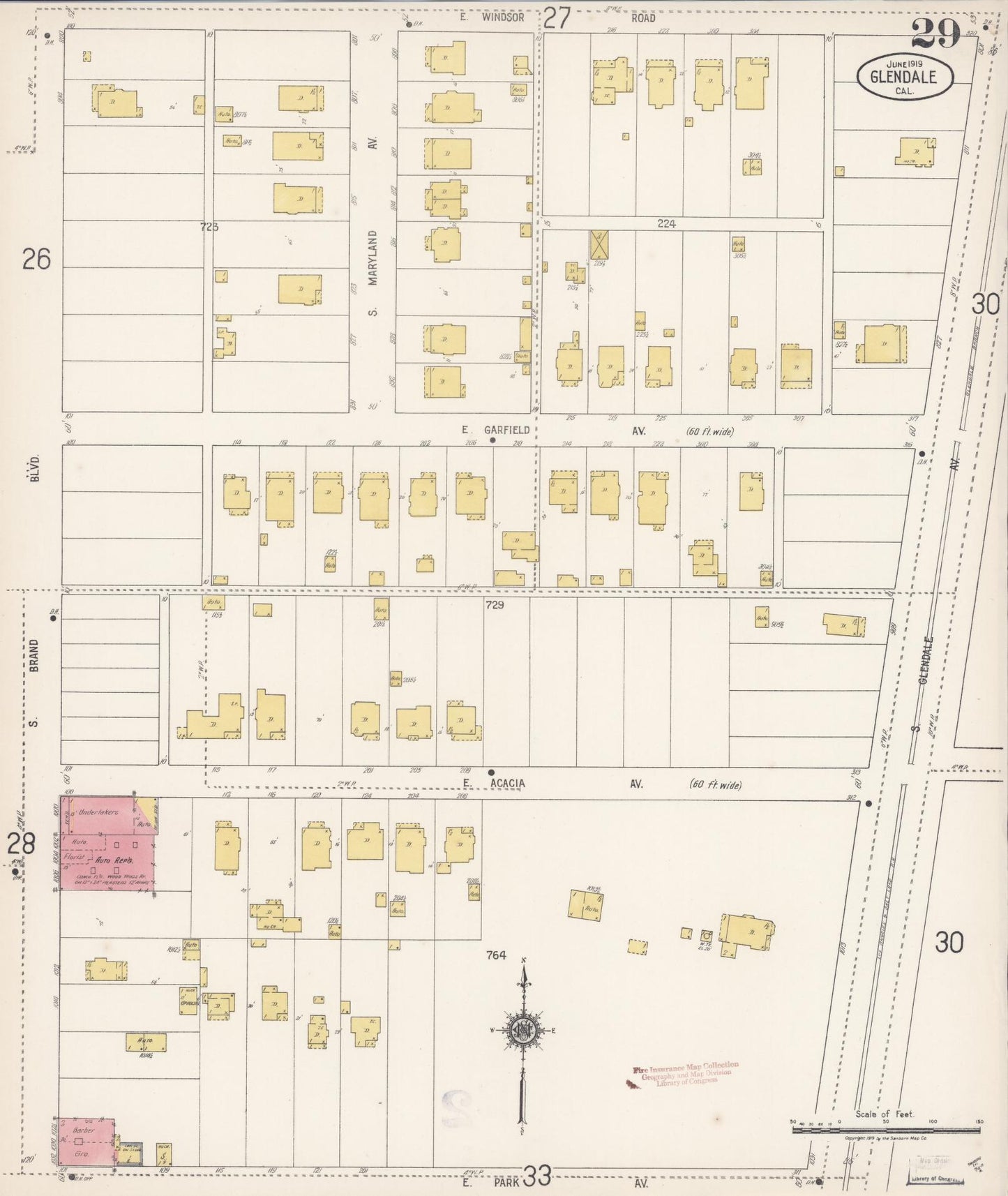 Sanborn Fire Insurance Map from Glendale, Los Angeles County, California (1919), Sheet #0029 - Historic Sanborn Fire Insurance Map Print, vintage old map wall art, antique decor, genealogy gift, California California map