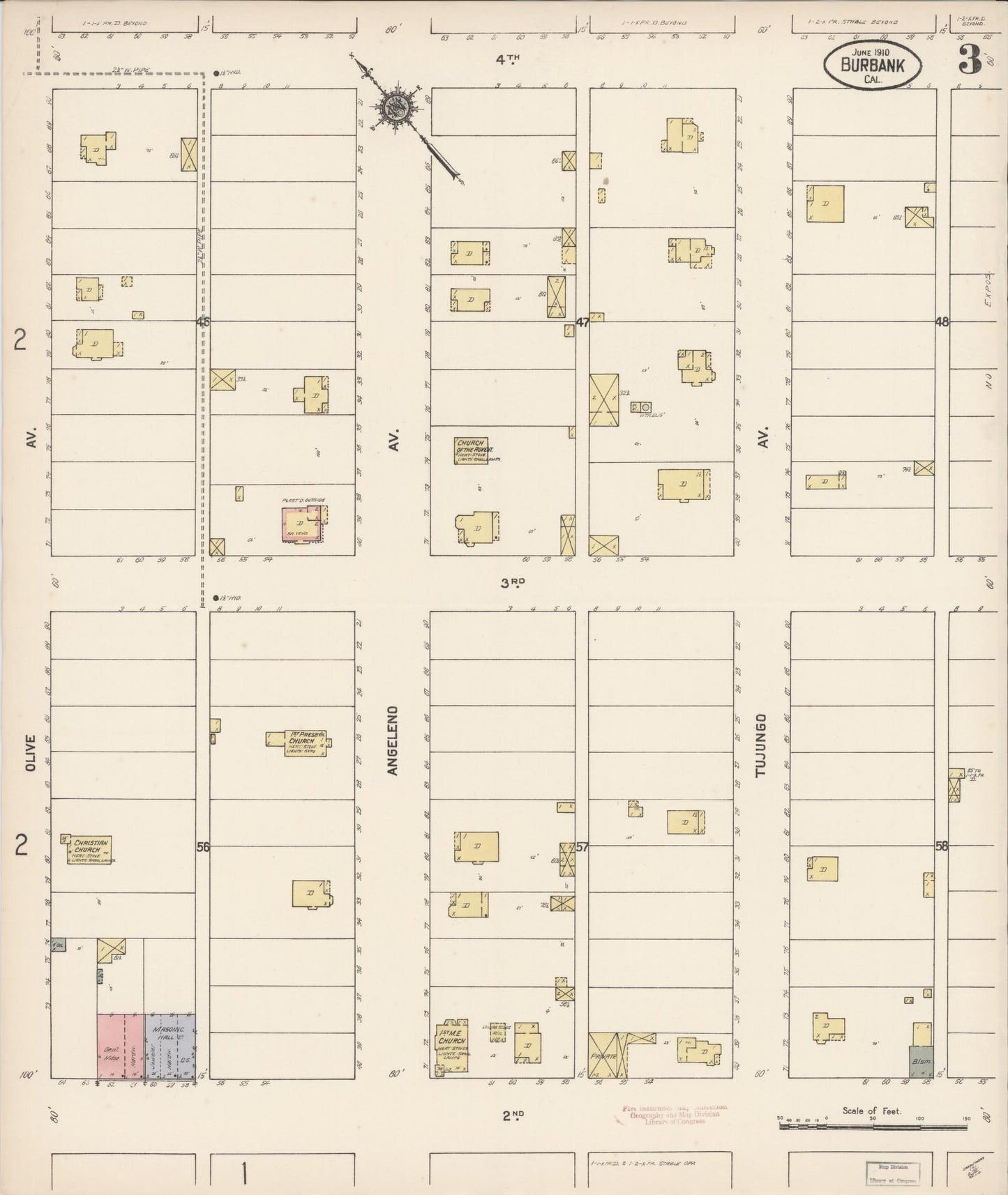 Sanborn Fire Insurance Map from Burbank, Los Angeles County, California (1910), Sheet #0003 - Historic Sanborn Fire Insurance Map Print, vintage old map wall art, antique decor, genealogy gift, California California map