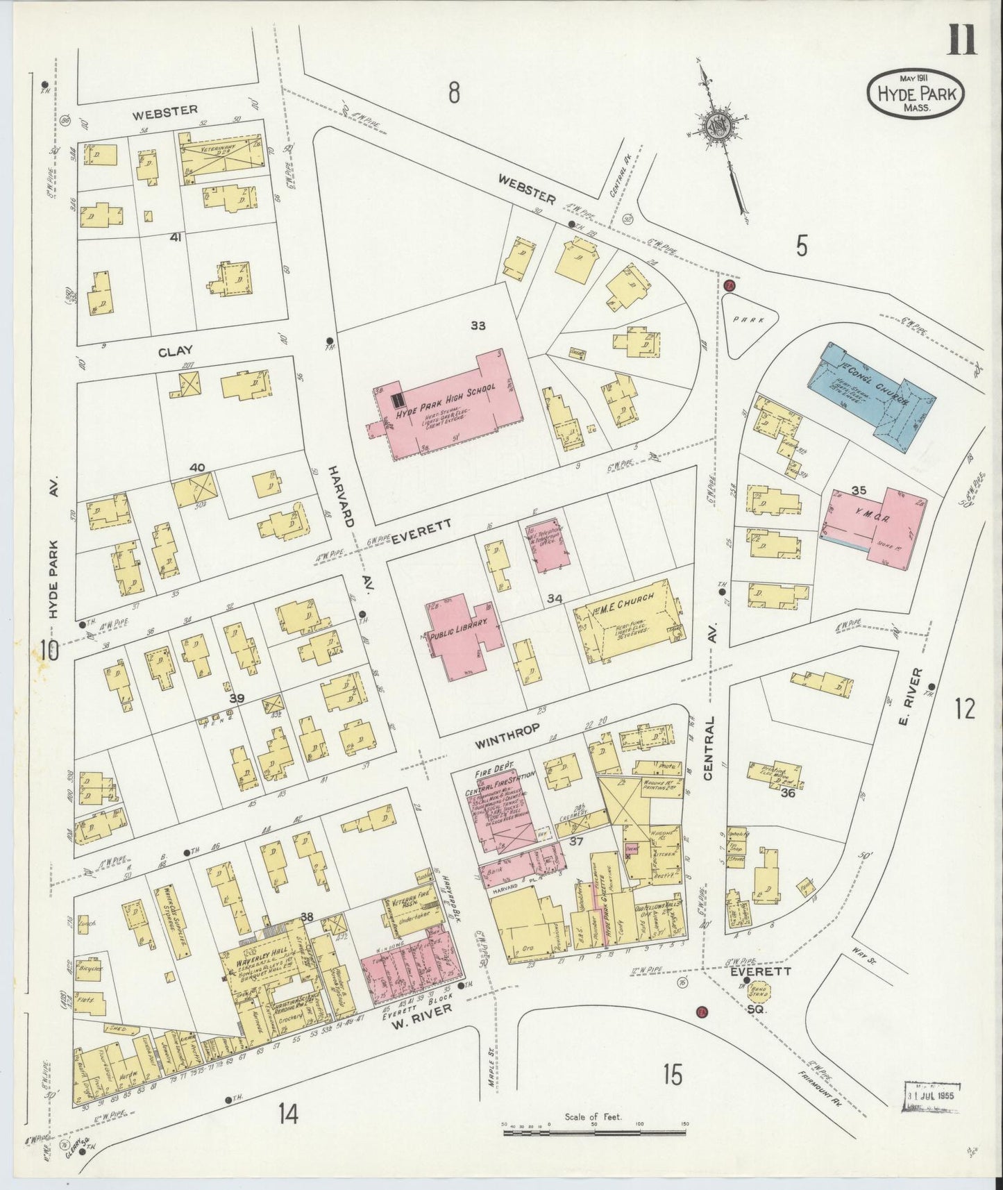 Sanborn Fire Insurance Map from Hyde Park, Norfolk County, Massachusetts (1911), Sheet #0011 - Historic Sanborn Fire Insurance Map Print, vintage old map wall art, antique decor, genealogy gift, Massachusetts Massachusetts map