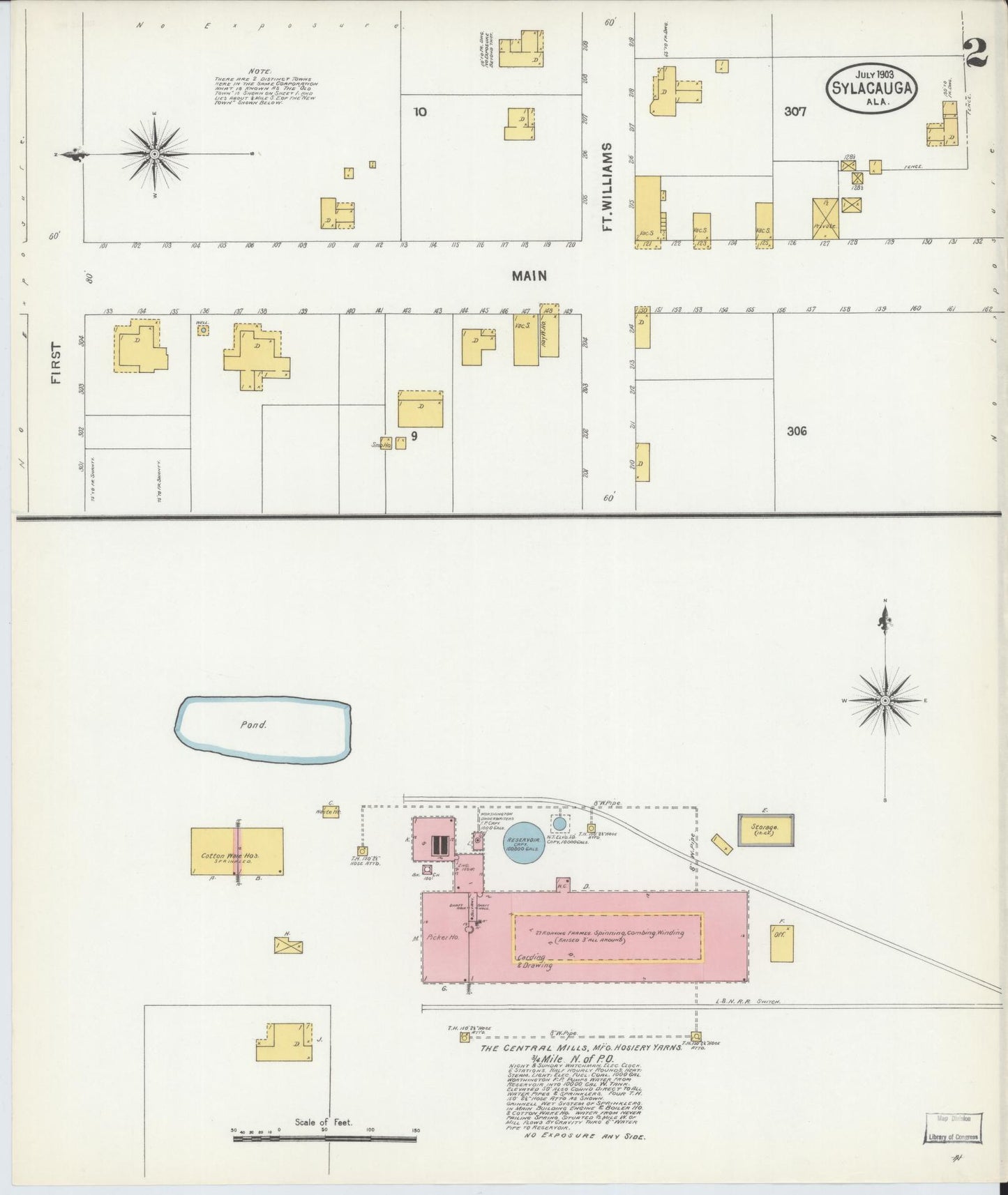 Sanborn Fire Insurance Map from Sylacauga, Talladega County, Alabama (1903), Sheet #0002 - Historic Sanborn Fire Insurance Map Print, vintage old map wall art, antique decor, genealogy gift, Alabama Alabama map