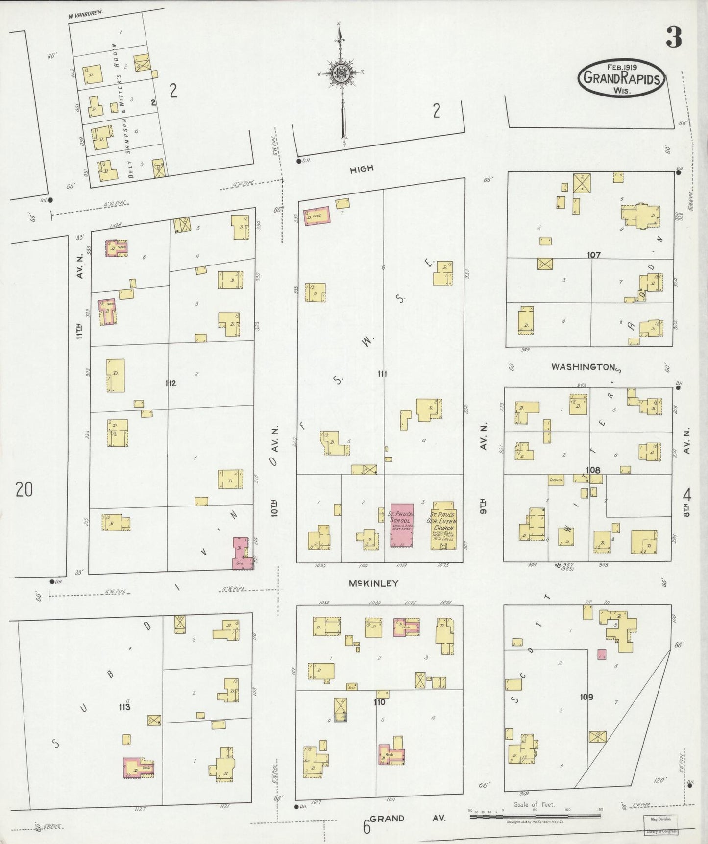 Sanborn Fire Insurance Map from Grand Rapids, Wood County, Wisconsin (1919), Sheet #0003 - Historic Sanborn Fire Insurance Map Print, vintage old map wall art, antique decor, genealogy gift, Wisconsin Wisconsin map