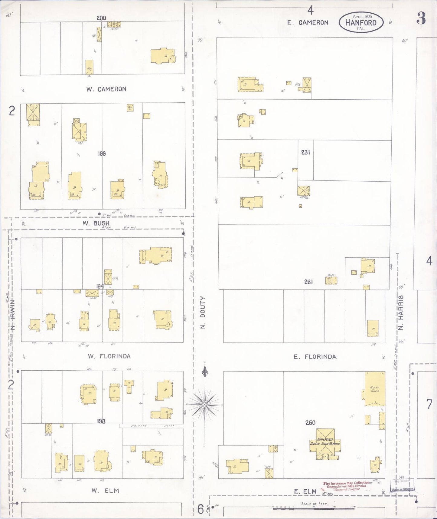 Sanborn Fire Insurance Map from Hanford, Kings County, California (1905), Sheet #0003 - Historic Sanborn Fire Insurance Map Print, vintage old map wall art, antique decor, genealogy gift, California California map