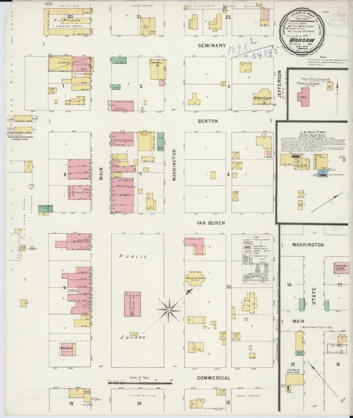 Sanborn Fire Insurance Map from Warsaw, Benton County, Missouri (1898), Sheet #0001 - Historic Sanborn Fire Insurance Map Print, vintage old map wall art, antique decor, genealogy gift, Missouri Missouri map