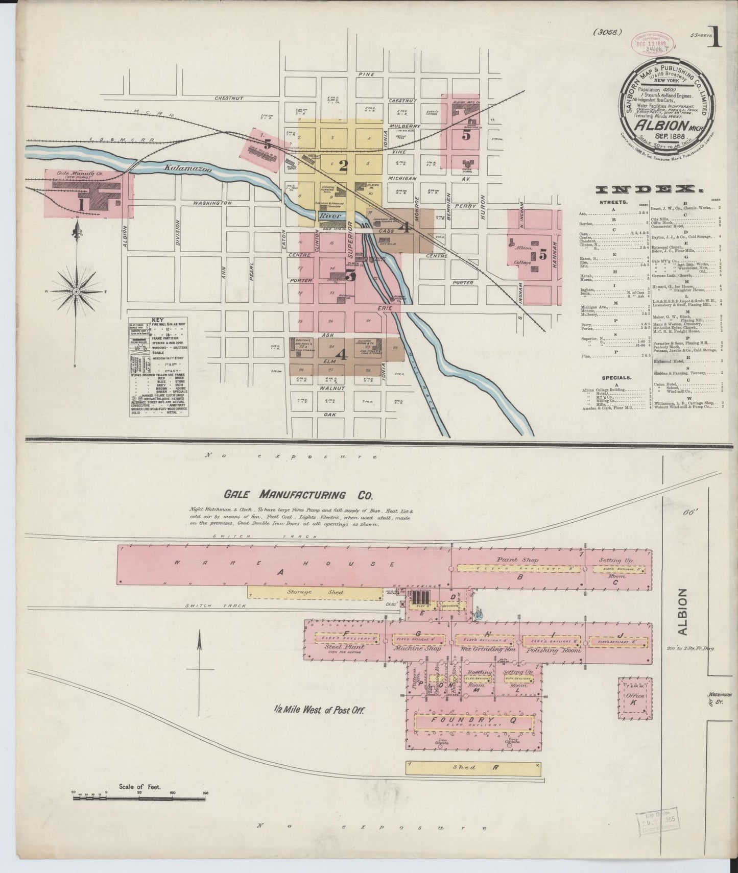 Sanborn Fire Insurance Map from Albion, Calhoun County, Michigan (1888), Sheet #0001 - Historic Sanborn Fire Insurance Map Print, vintage old map wall art, antique decor, genealogy gift, Michigan Michigan map