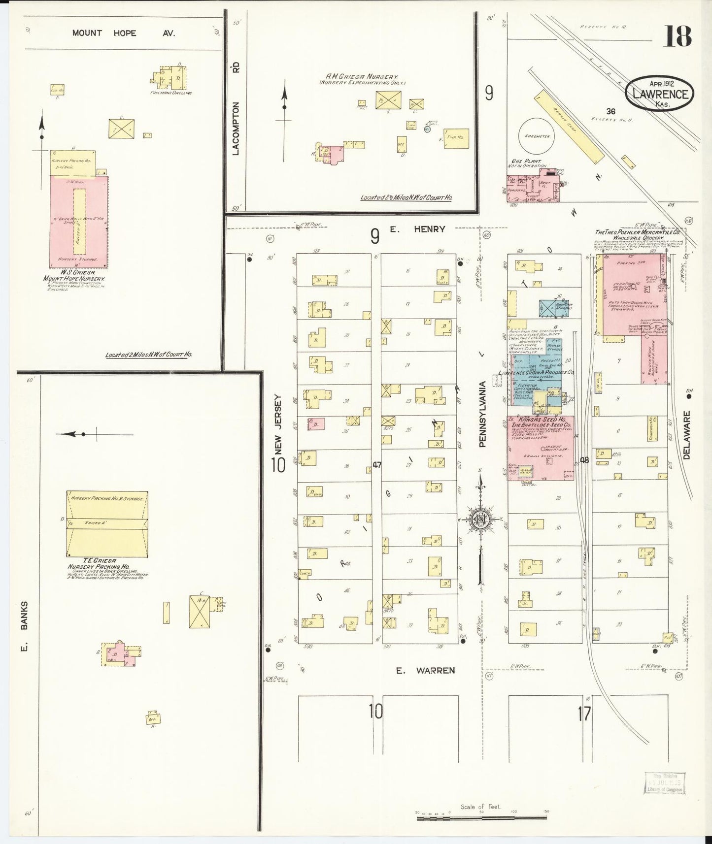 Sanborn Fire Insurance Map from Lawrence, Douglas County, Kansas (1912), Sheet #0018 - Historic Sanborn Fire Insurance Map Print, vintage old map wall art, antique decor, genealogy gift, Kansas Kansas map