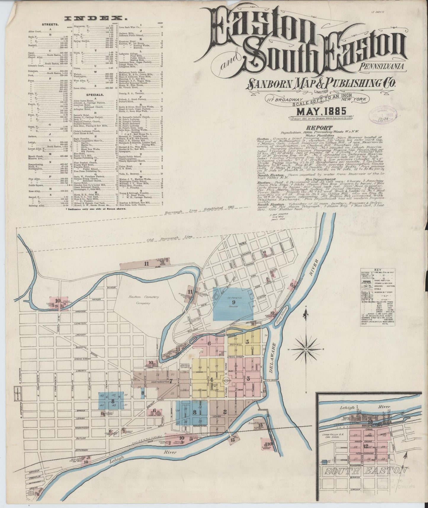 Sanborn Fire Insurance Map from Easton, Northampton County, Pennsylvania (1885), Sheet #0001 - Historic Sanborn Fire Insurance Map Print, vintage old map wall art, antique decor, genealogy gift, Pennsylvania Pennsylvania map