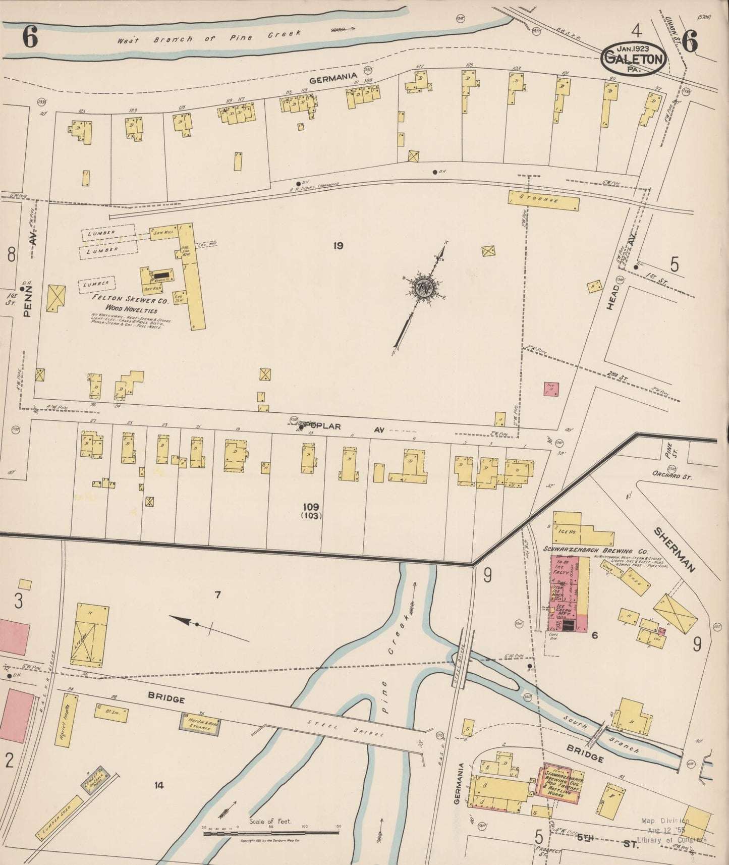 Sanborn Fire Insurance Map from Galeton, Potter County, Pennsylvania (1923), Sheet #0006 - Historic Sanborn Fire Insurance Map Print, vintage old map wall art, antique decor, genealogy gift, Pennsylvania Pennsylvania map