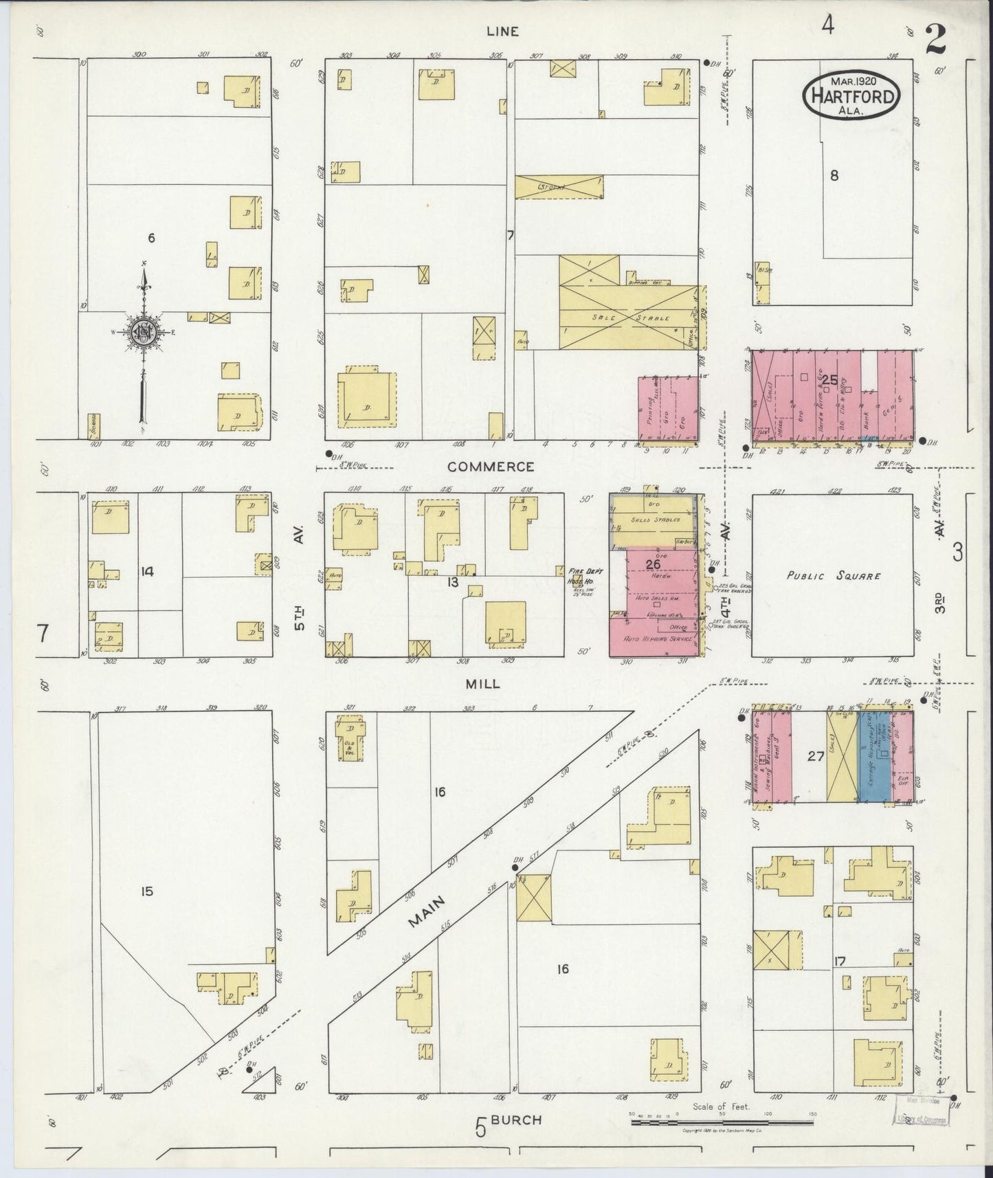 Sanborn Fire Insurance Map from Hartford, Geneva County, Alabama (1920), Sheet #0002 - Historic Sanborn Fire Insurance Map Print, vintage old map wall art, antique decor, genealogy gift, Alabama Alabama map