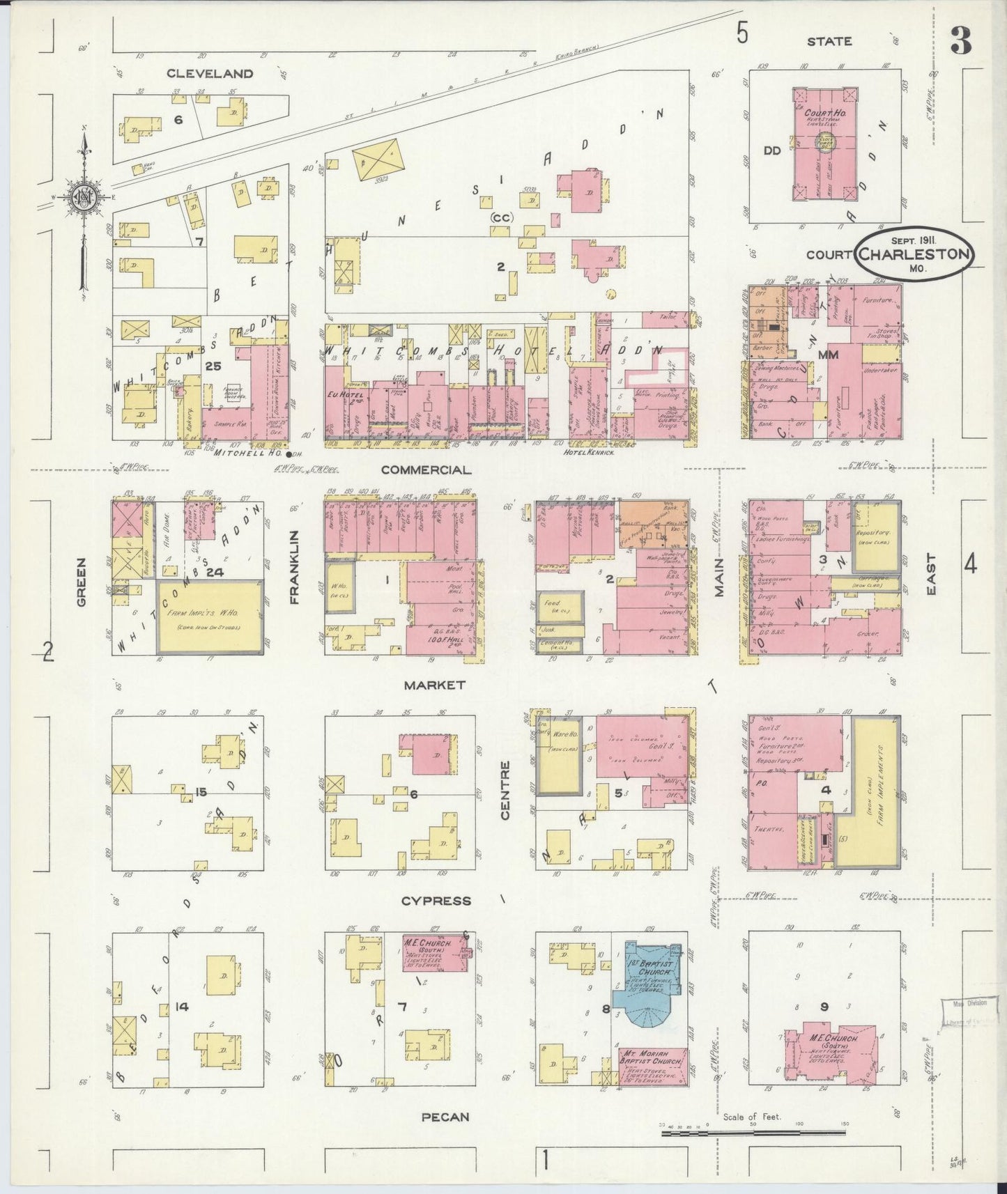Sanborn Fire Insurance Map from Charleston, Mississippi County, Missouri (1911), Sheet #0003 - Historic Sanborn Fire Insurance Map Print, vintage old map wall art, antique decor, genealogy gift, Missouri Missouri map