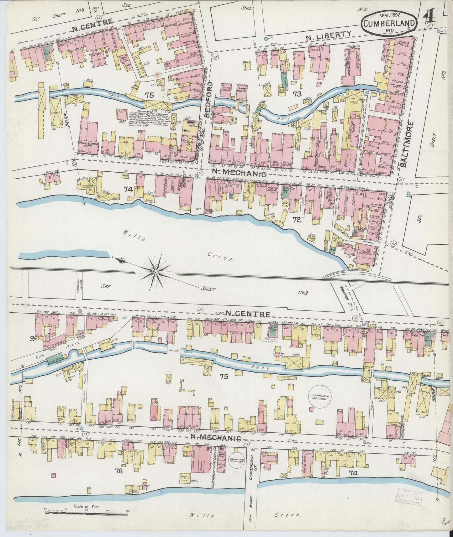 Sanborn Fire Insurance Map from Cumberland, Allegany County, Maryland (1892), Sheet #0004 - Historic Sanborn Fire Insurance Map Print, vintage old map wall art, antique decor, genealogy gift, Maryland Maryland map
