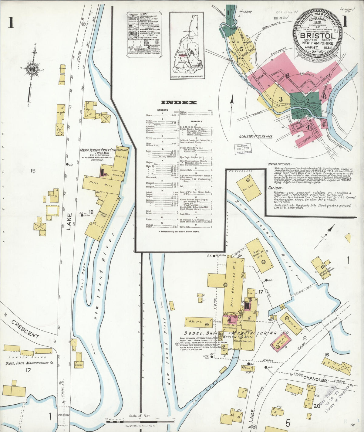 Sanborn Fire Insurance Map from Bristol, Grafton County, New Hampshire (1923), Sheet #0001 - Historic Sanborn Fire Insurance Map Print, vintage old map wall art, antique decor, genealogy gift, New Hampshire New Hampshire map
