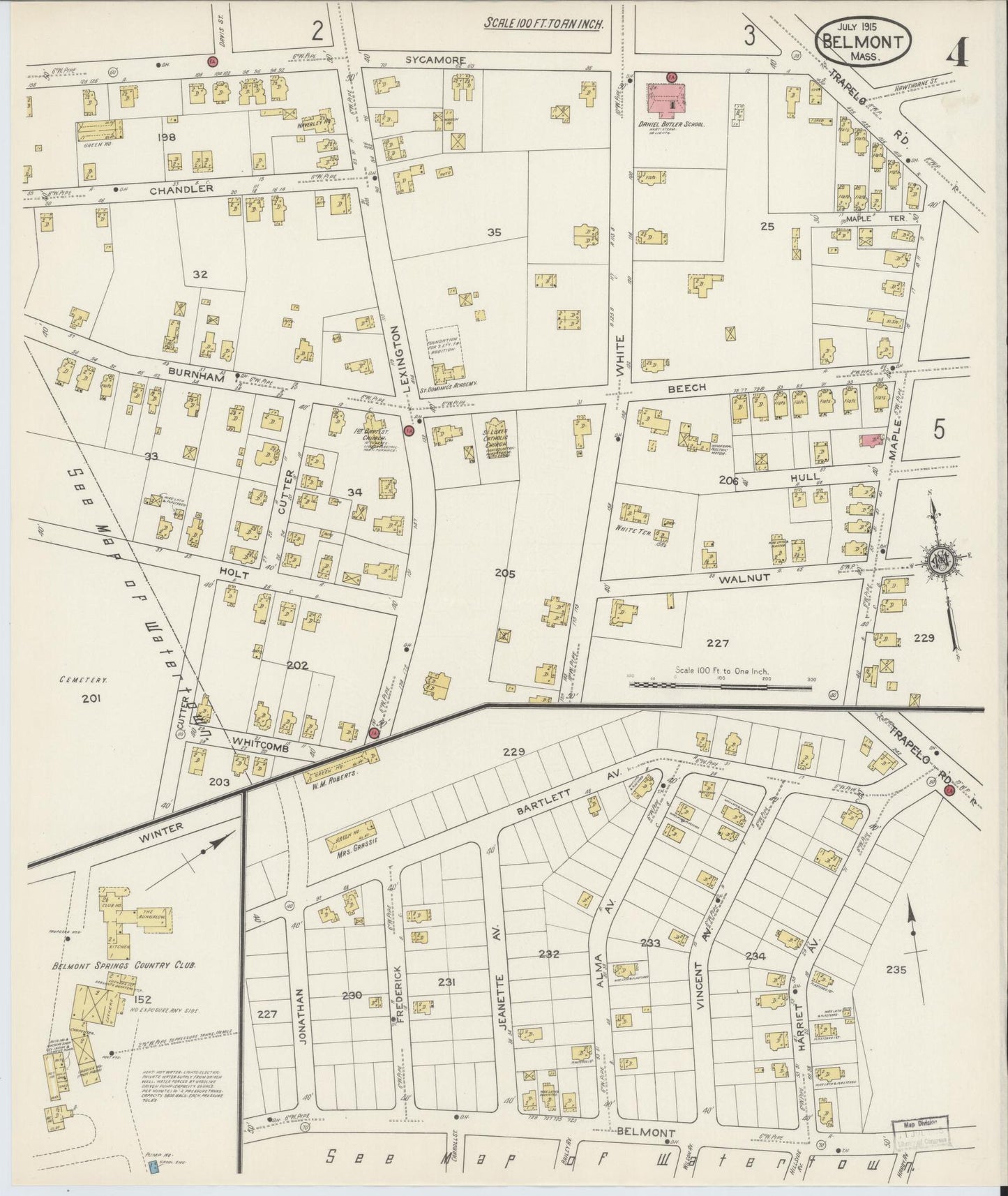 Sanborn Fire Insurance Map from Belmont, Middlesex County, Massachusetts (1915), Sheet #0004 - Historic Sanborn Fire Insurance Map Print, vintage old map wall art, antique decor, genealogy gift, Massachusetts Massachusetts map