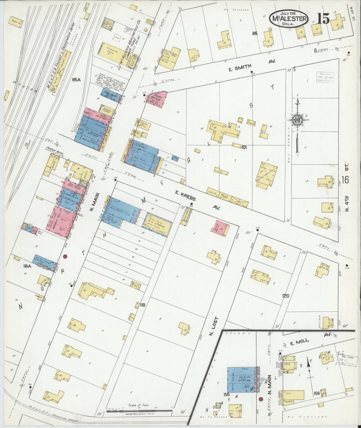 Sanborn Fire Insurance Map from McAlester, Pittsburg County, Oklahoma (1918), Sheet #0015 - Historic Sanborn Fire Insurance Map Print, vintage old map wall art, antique decor, genealogy gift, Oklahoma Oklahoma map