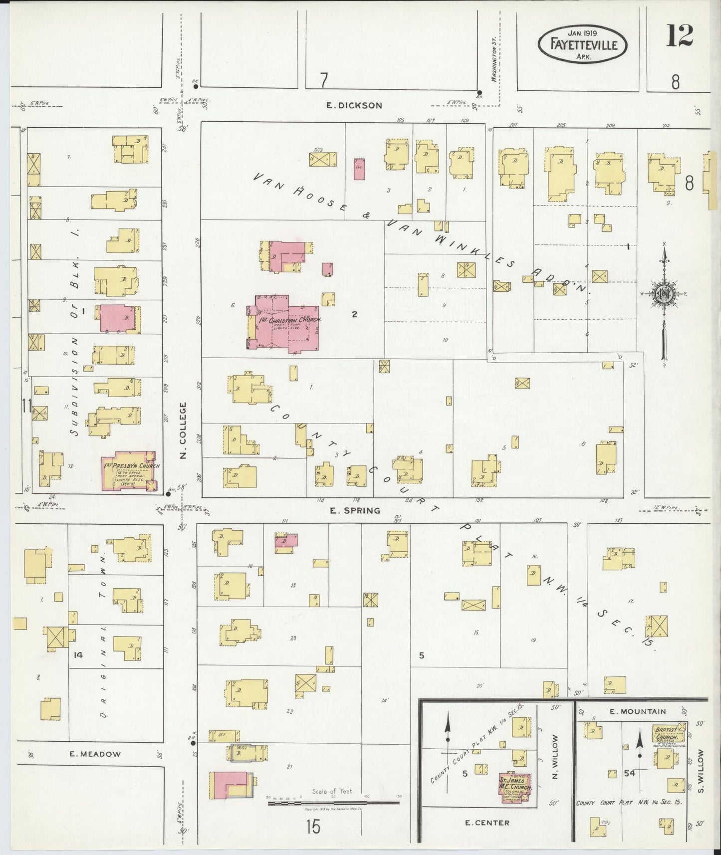 Sanborn Fire Insurance Map from Fayetteville, Washington County, Arkansas (1919), Sheet #0012 - Historic Sanborn Fire Insurance Map Print, vintage old map wall art, antique decor, genealogy gift, Arkansas Arkansas map