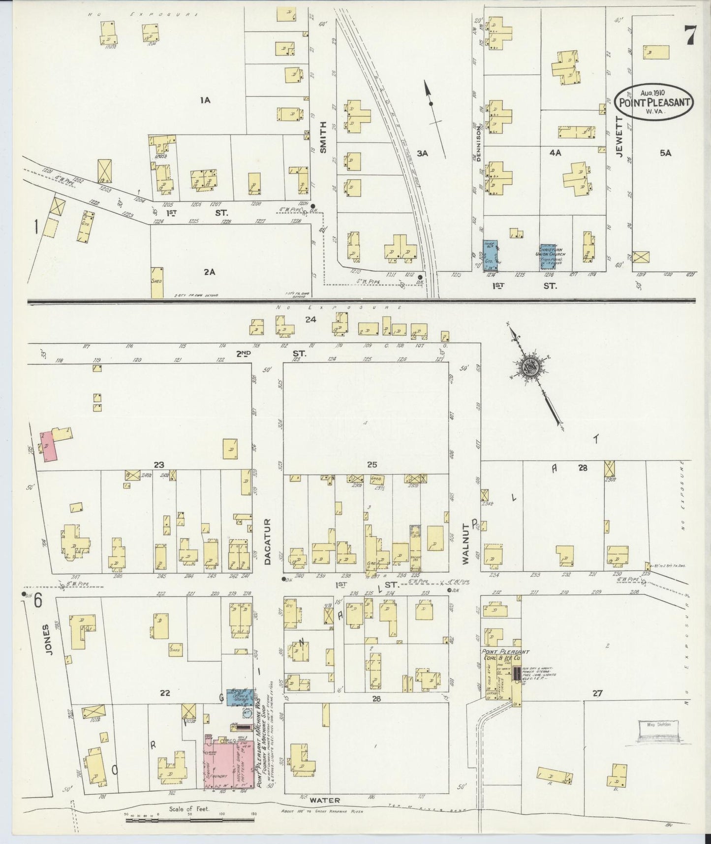 Sanborn Fire Insurance Map from Point Pleasant, Mason County, West Virginia (1910), Sheet #0007 - Historic Sanborn Fire Insurance Map Print, vintage old map wall art, antique decor, genealogy gift, West Virginia West Virginia map