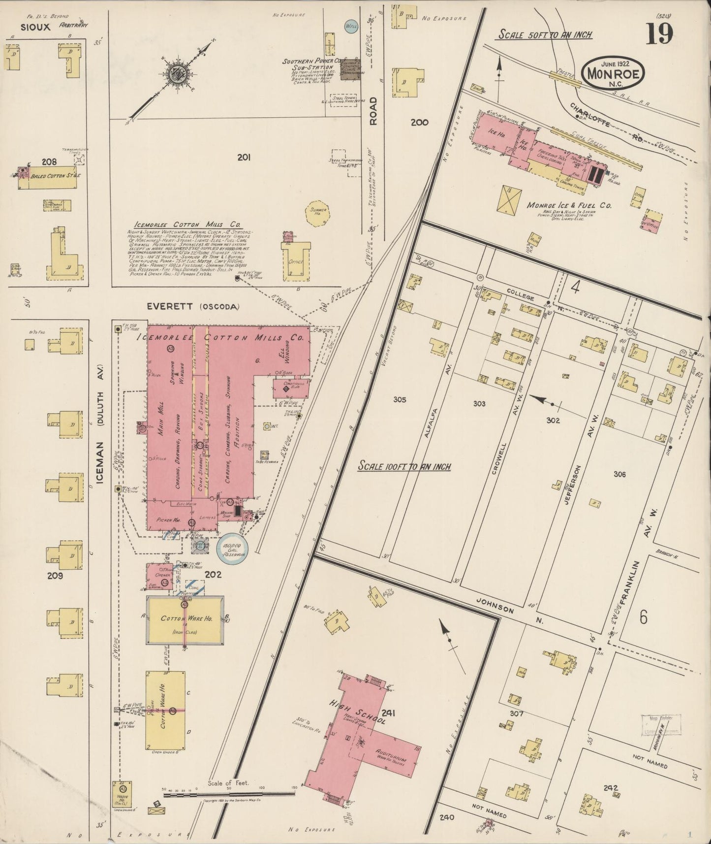 Sanborn Fire Insurance Map from Monroe, Union County, North Carolina (1922), Sheet #0019 - Complete Map Set gallery image, historic Sanborn map, vintage wall art, North Carolina North Carolina
