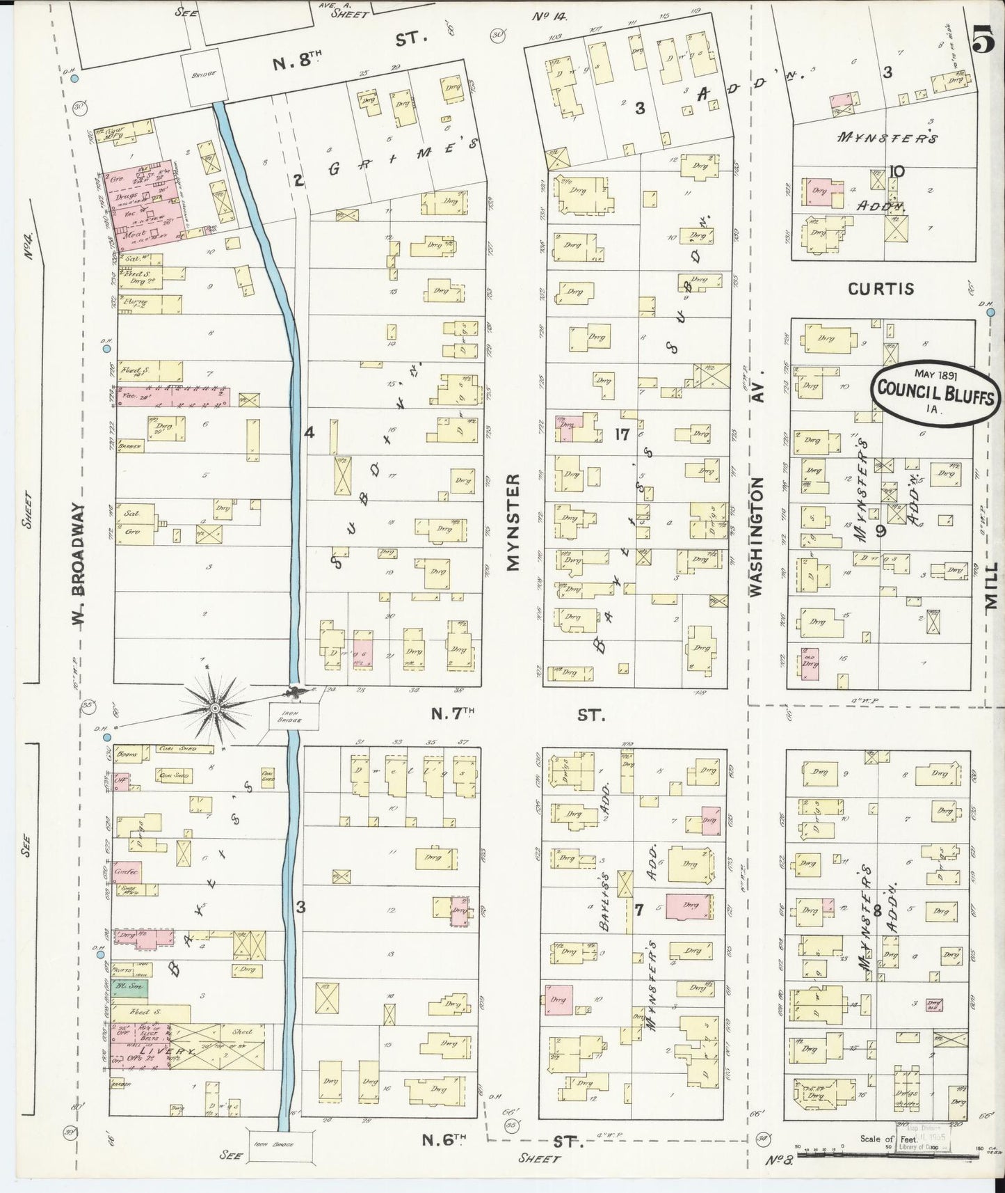 Sanborn Fire Insurance Map from Council Bluffs, Pottawattamie County, Iowa (1891), Sheet #0005 - Historic Sanborn Fire Insurance Map Print, vintage old map wall art