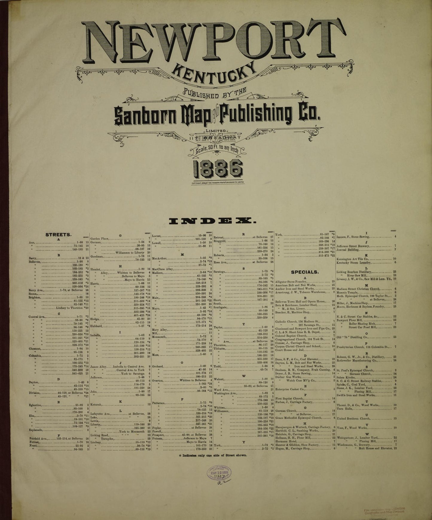 Sanborn Fire Insurance Map from Newport, Campbell County, Kentucky (1886), Sheet #0001 - Historic Sanborn Fire Insurance Map Print, vintage old map wall art, antique decor, genealogy gift, Kentucky Kentucky map