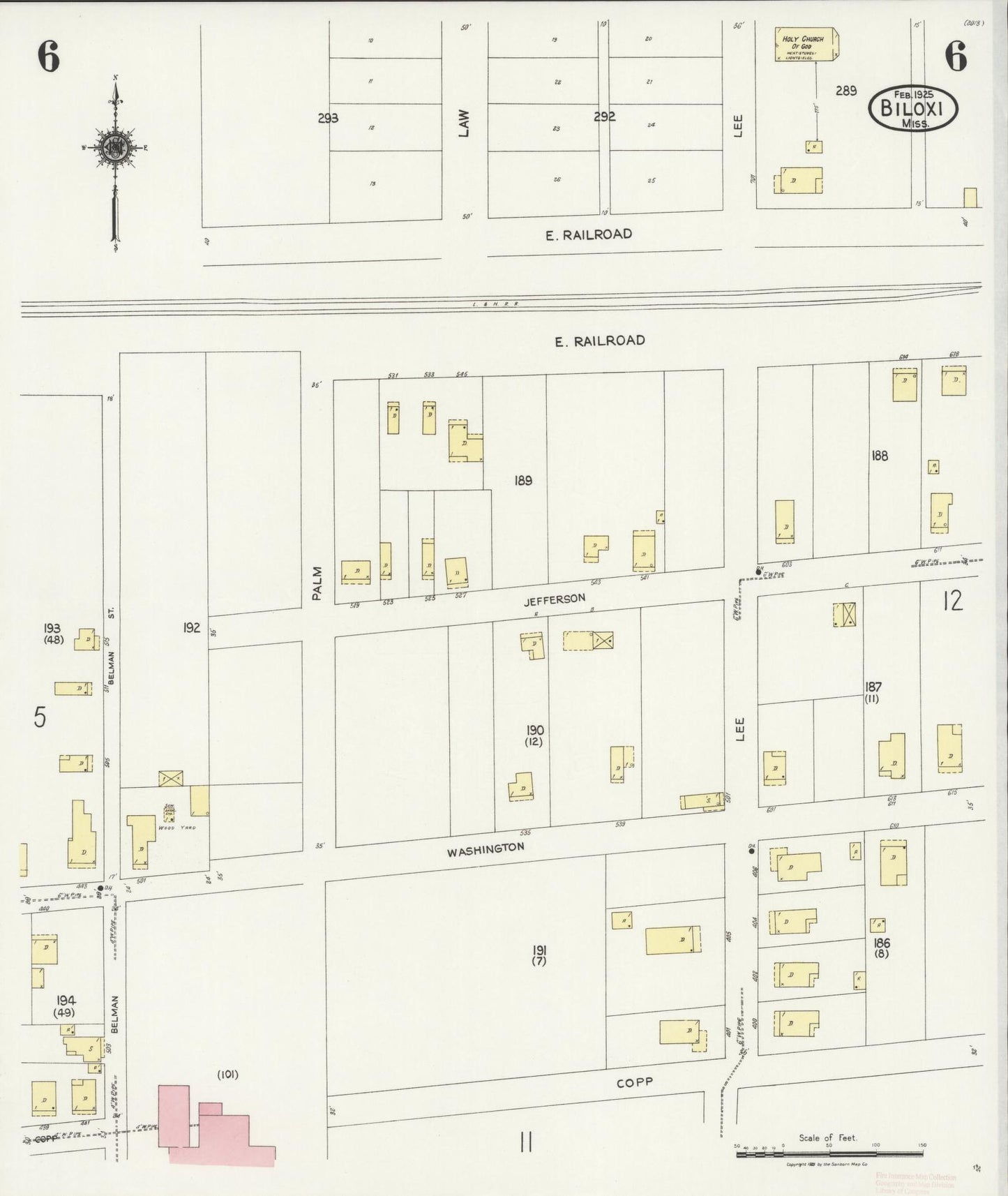 Sanborn Fire Insurance Map from Biloxi, Harrison County, Mississippi (1925), Sheet #0006 - Historic Sanborn Fire Insurance Map Print, vintage old map wall art, antique decor, genealogy gift, Mississippi Mississippi map
