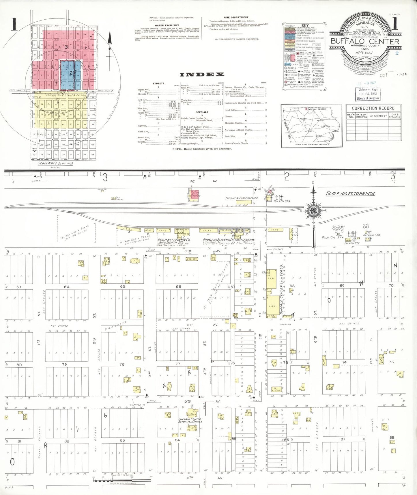 Sanborn Fire Insurance Map from Buffalo Center, Winnebago County, Iowa (1942), Sheet #0001 - Historic Sanborn Fire Insurance Map Print, vintage old map wall art