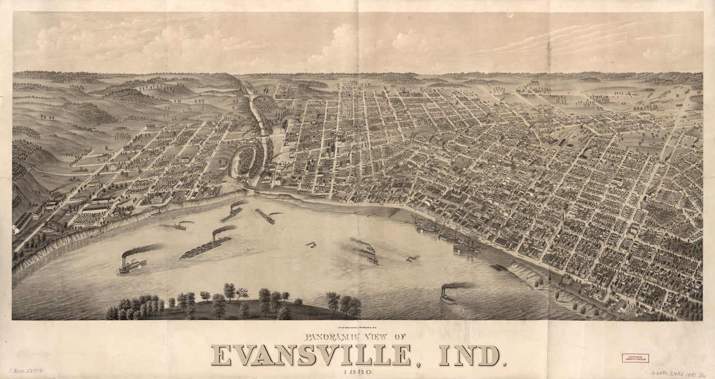 Panoramic view of Evansville, Ind., 1880. (1880) – Historic Bird’s-Eye View Panorama Print