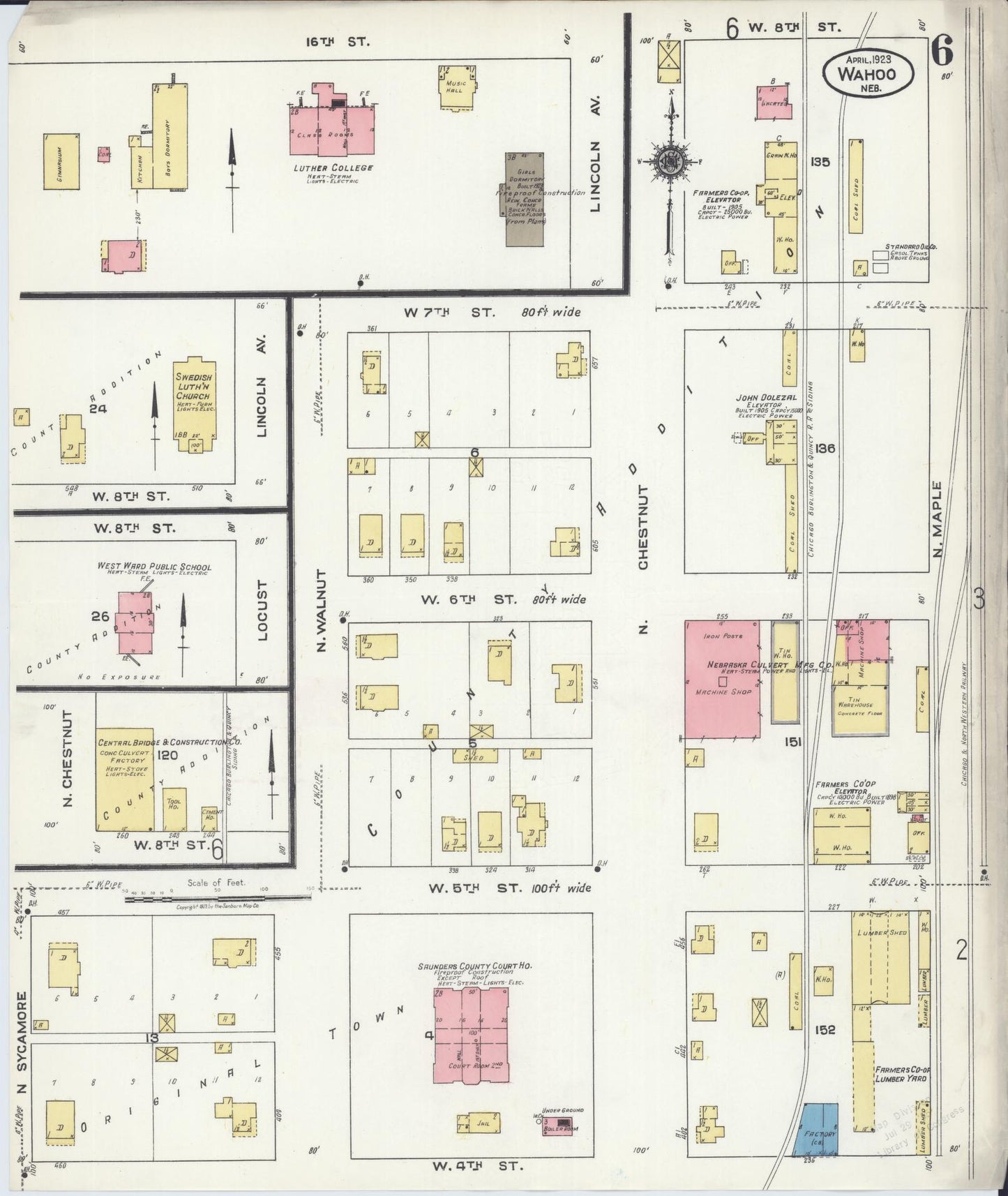 Sanborn Fire Insurance Map from Wahoo, Saunders County, Nebraska (1923), Sheet #0006 - Historic Sanborn Fire Insurance Map Print, vintage old map wall art, antique decor, genealogy gift, Nebraska Nebraska map
