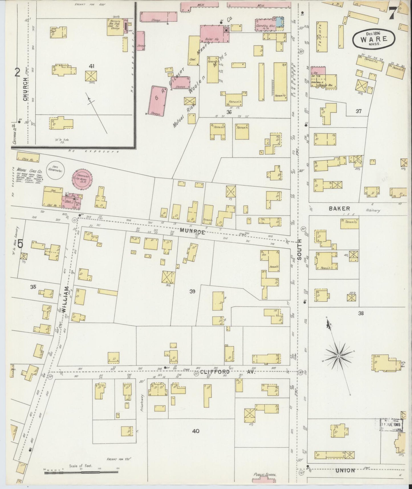 Sanborn Fire Insurance Map from Ware, Hampshire County, Massachusetts (1896), Sheet #0007 - Historic Sanborn Fire Insurance Map Print, vintage old map wall art, antique decor, genealogy gift, Massachusetts Massachusetts map