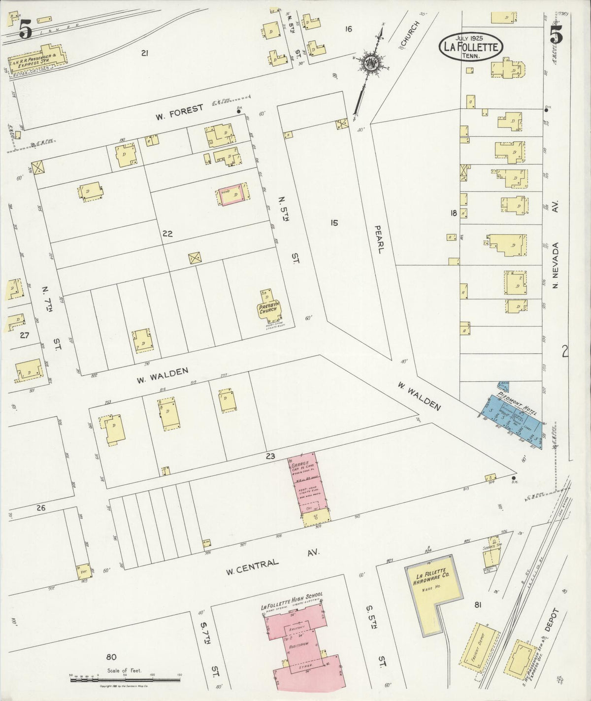 Sanborn Fire Insurance Map from La Follette, Campbell County, Tennessee (1925), Sheet #0005 - Historic Sanborn Fire Insurance Map Print, vintage old map wall art, antique decor, genealogy gift, Tennessee Tennessee map