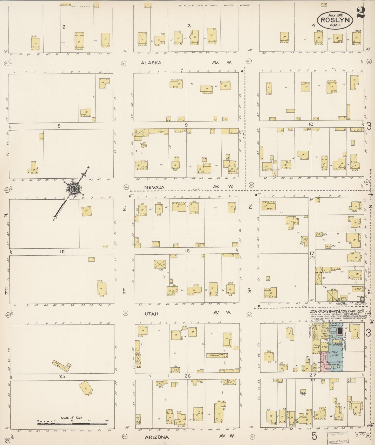 Sanborn Fire Insurance Map from Roslyn, Kittitas County, Washington (1912), Sheet #0002 - Historic Sanborn Fire Insurance Map Print, vintage old map wall art, antique decor, genealogy gift, Washington Washington map
