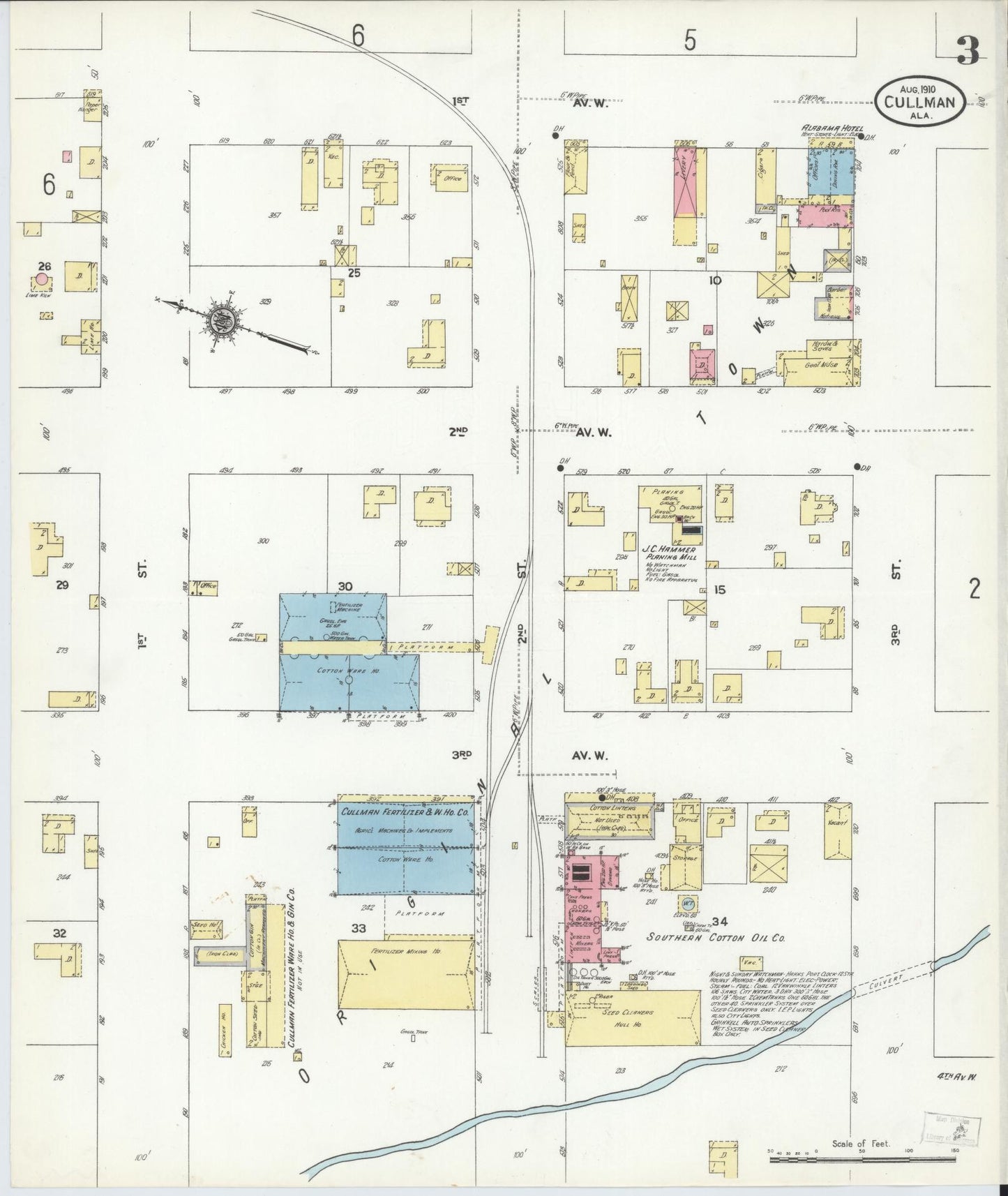 Sanborn Fire Insurance Map from Cullman, Cullman County, Alabama (1910), Sheet #0003 - Historic Sanborn Fire Insurance Map Print, vintage old map wall art, antique decor, genealogy gift, Alabama Alabama map