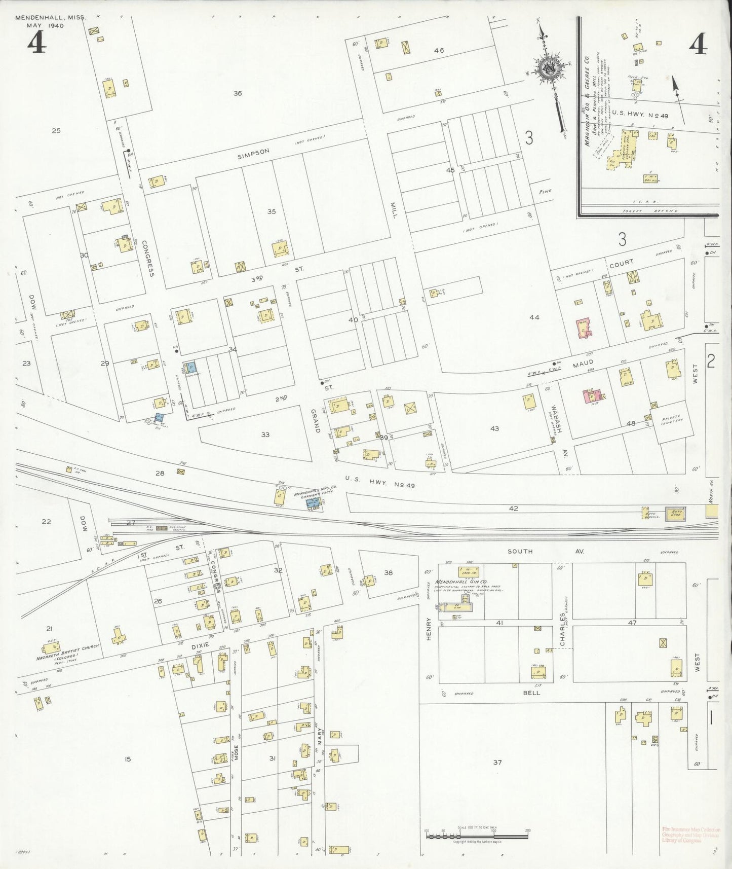 Sanborn Fire Insurance Map from Mendenhall, Simpson County, Mississippi (1940), Sheet #0004 - Historic Sanborn Fire Insurance Map Print, vintage old map wall art, antique decor, genealogy gift, Mississippi Mississippi map