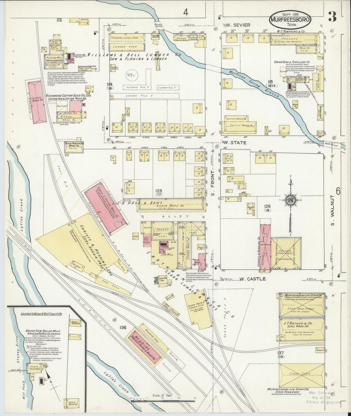 Sanborn Fire Insurance Map from Murfreesboro, Rutherford County, Tennessee (1914), Sheet #0003 - Historic Sanborn Fire Insurance Map Print, vintage old map wall art, antique decor, genealogy gift, Tennessee Tennessee map