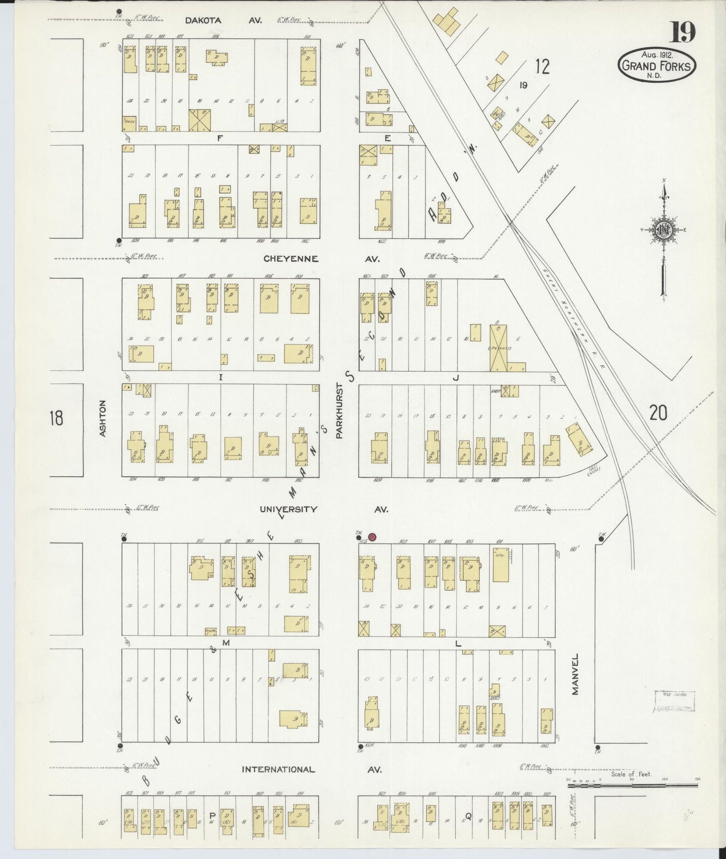 Sanborn Fire Insurance Map from Grand Forks, Grand Forks County, North Dakota (1912), Sheet #0019 - Historic Sanborn Fire Insurance Map Print, vintage old map wall art, antique decor, genealogy gift, North Dakota North Dakota map