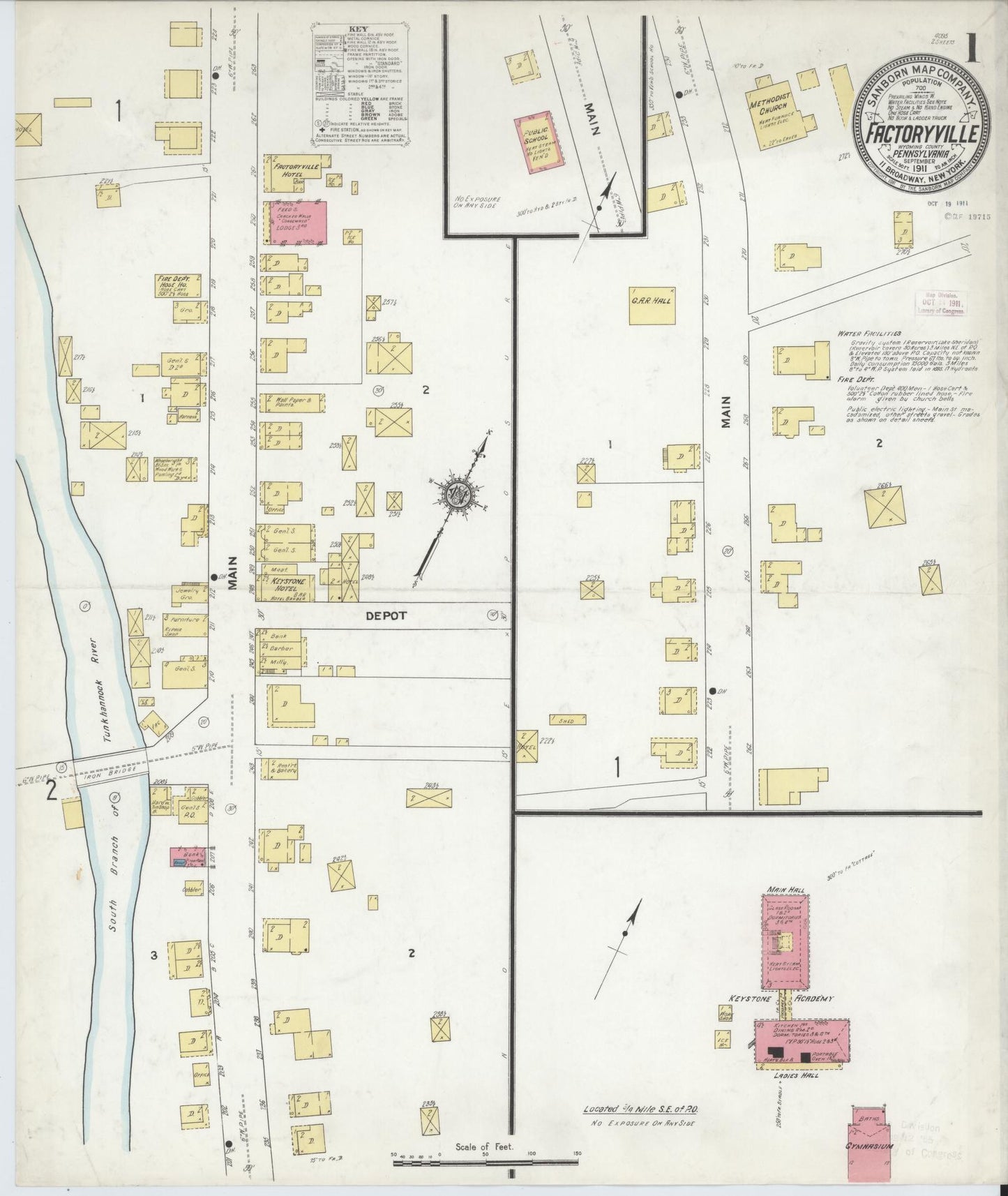 Sanborn Fire Insurance Map from Factoryville, Wyoming County, Pennsylvania (1911), Sheet #0001 - Historic Sanborn Fire Insurance Map Print, vintage old map wall art, antique decor, genealogy gift, Pennsylvania Pennsylvania map