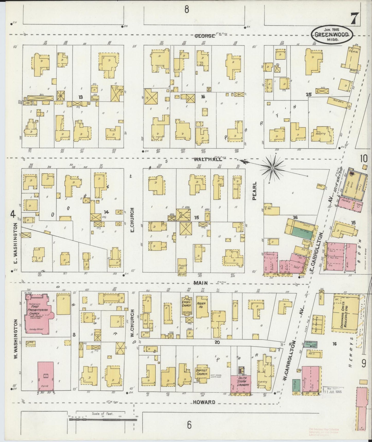 Sanborn Fire Insurance Map from Greenwood, Leflore County, Mississippi (1905), Sheet #0007 - Historic Sanborn Fire Insurance Map Print, vintage old map wall art, antique decor, genealogy gift, Mississippi Mississippi map