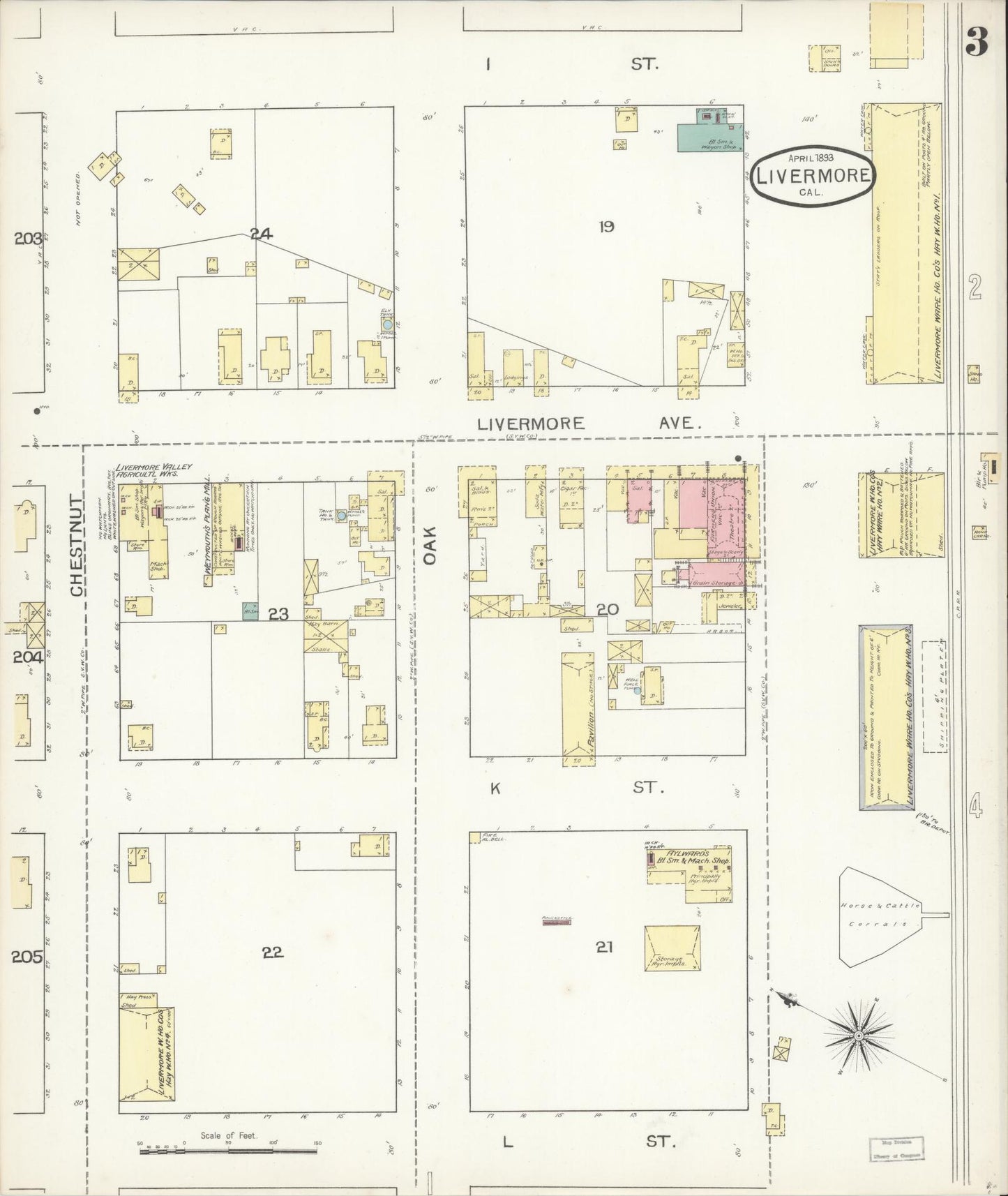 Sanborn Fire Insurance Map from Livermore, Alameda County, California (1893), Sheet #0003 - Historic Sanborn Fire Insurance Map Print, vintage old map wall art, antique decor, genealogy gift, California California map