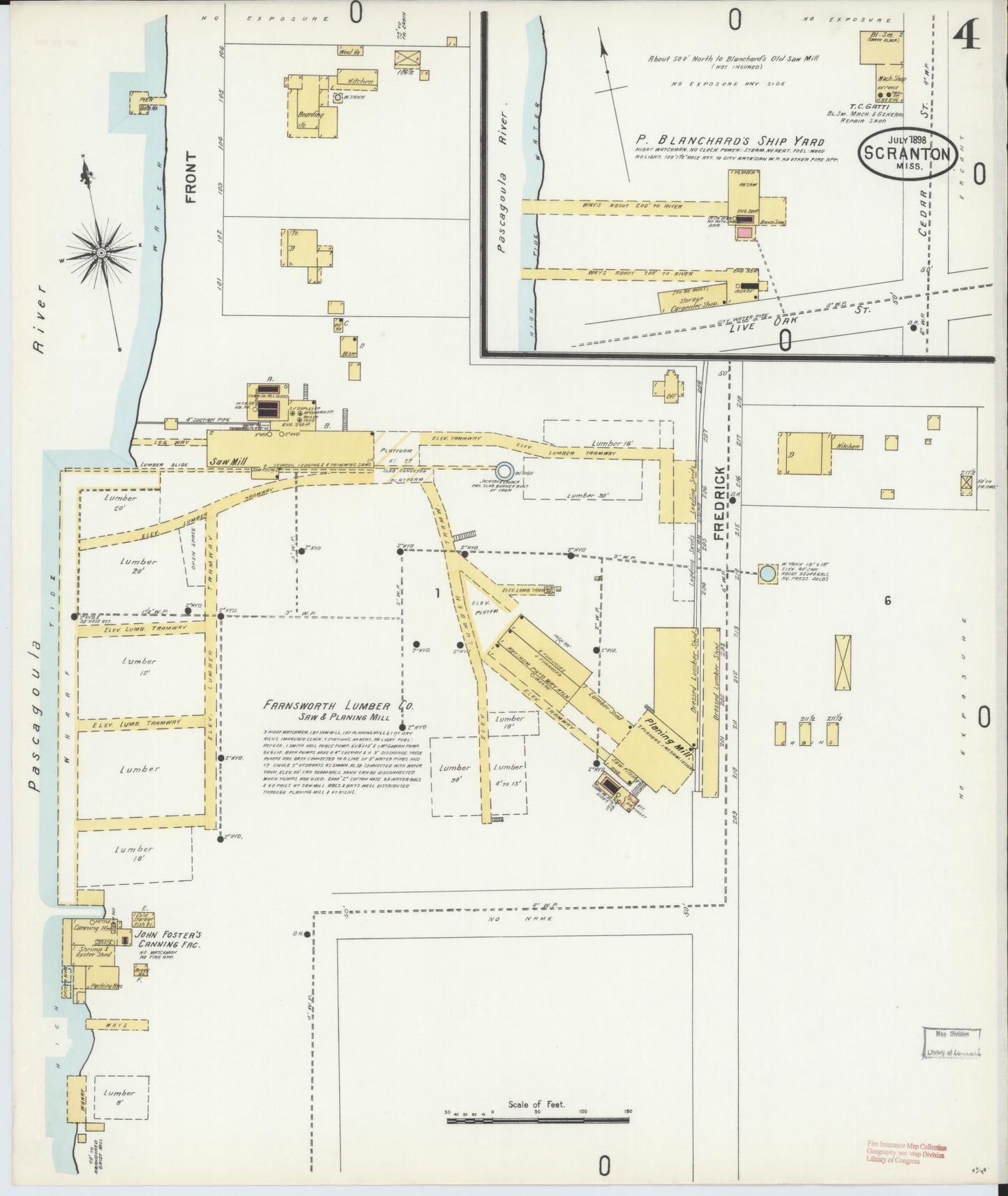 Sanborn Fire Insurance Map from Scranton, Jackson County, Mississippi (1898), Sheet #0004 - Historic Sanborn Fire Insurance Map Print, vintage old map wall art, antique decor, genealogy gift, Mississippi Mississippi map