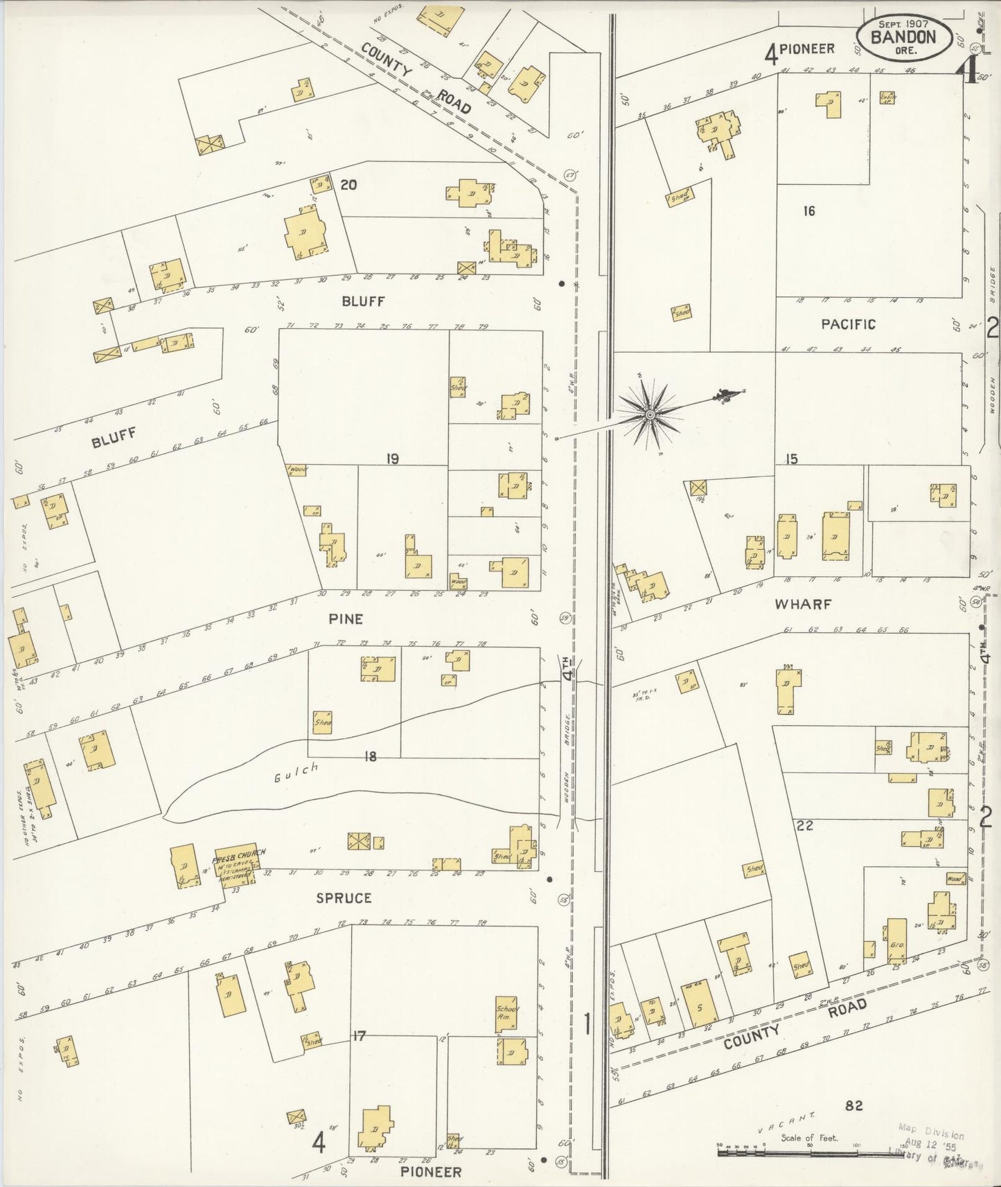 Sanborn Fire Insurance Map from Bandon, Coos County, Oregon (1907), Sheet #0004 - Complete Map Set gallery image, historic Sanborn map, vintage wall art, Oregon Oregon