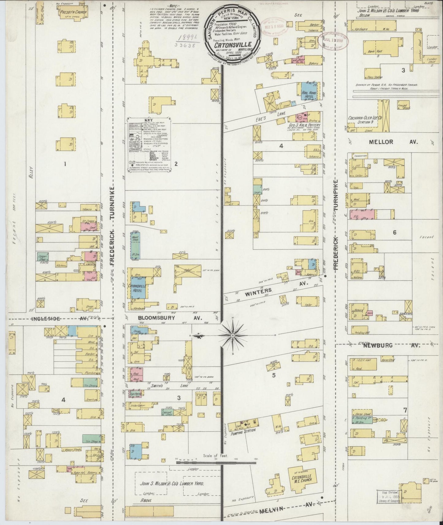 Sanborn Fire Insurance Map from Catonsville, Baltimore County, Maryland (1899), Sheet #0001 - Historic Sanborn Fire Insurance Map Print, vintage old map wall art, antique decor, genealogy gift, Maryland Maryland map