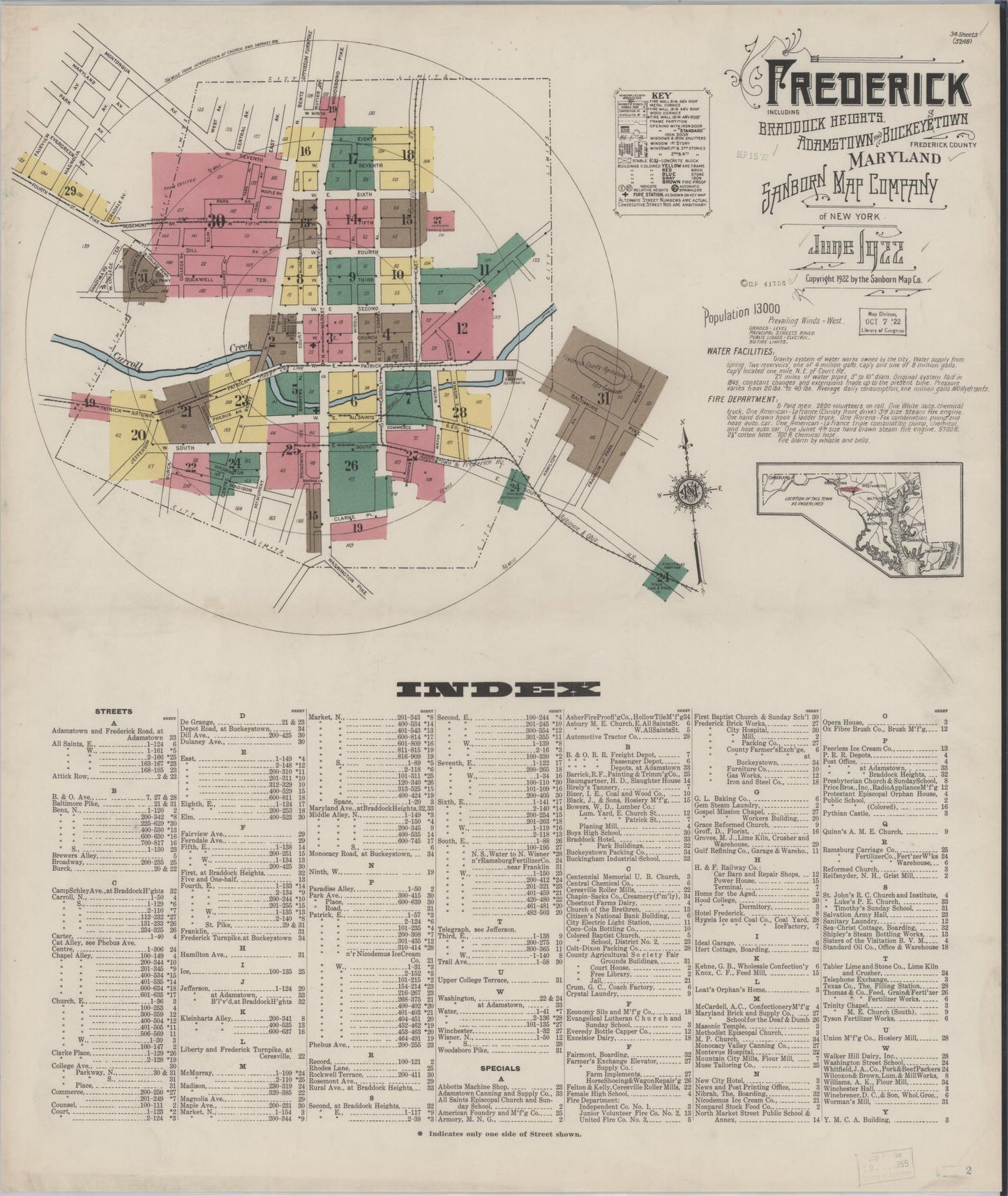 Complete Set - Frederick, Maryland - 1922 - Sanborn Fire Insurance Map (All Sheets) - Complete Set of 34 Sanborn map sheets