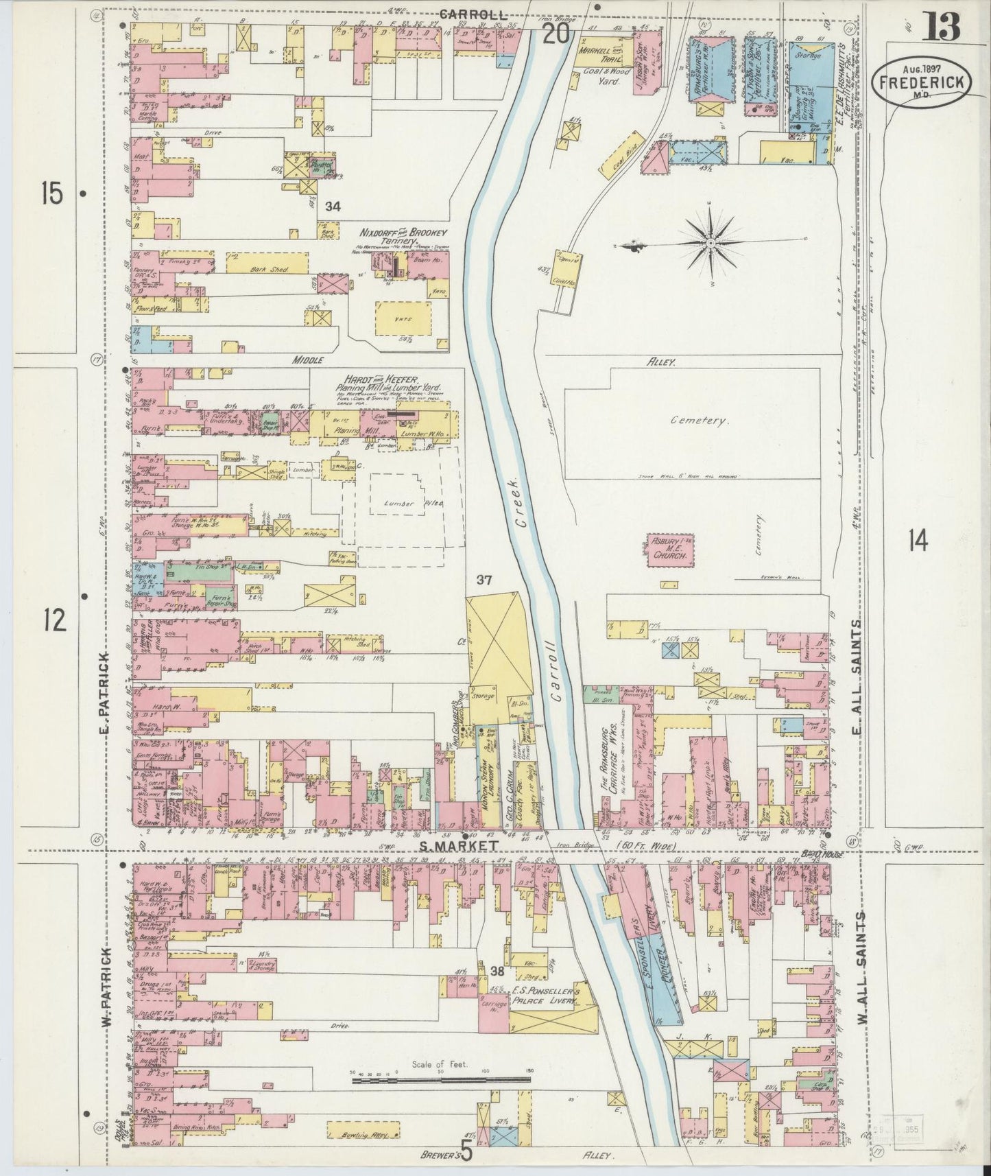 Frederick, Maryland - 1897 - Sanborn Fire Insurance Map, Sheet #0013 - Historic Sanborn Fire Insurance Map Print, Frederick Maryland 1897 0013 vintage old map wall art