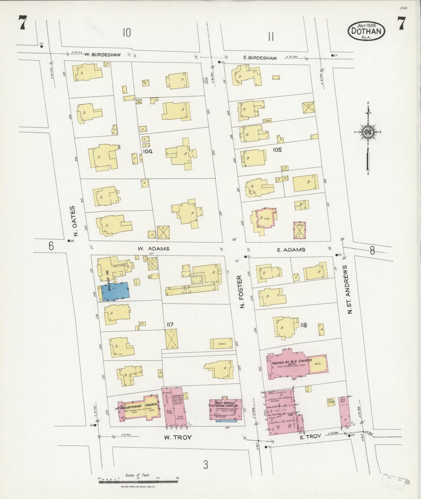 Sanborn Fire Insurance Map from Dothan, Houston County, Alabama (1924), Sheet #0007 - Historic Sanborn Fire Insurance Map Print, vintage old map wall art, antique decor, genealogy gift, Alabama Alabama map