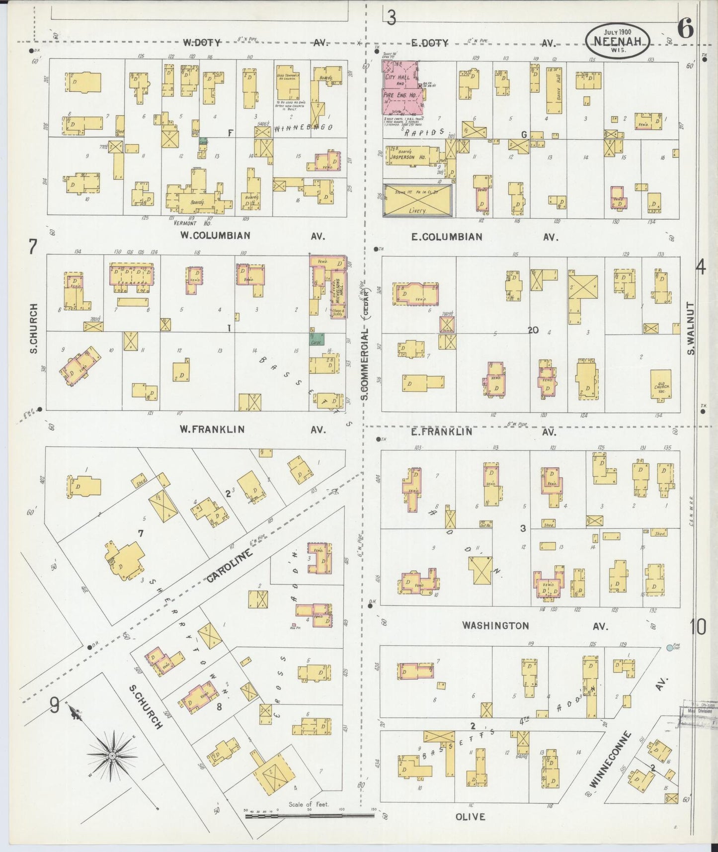 Sanborn Fire Insurance Map from Neenah, Winnebago County, Wisconsin (1900), Sheet #0006 - Historic Sanborn Fire Insurance Map Print, vintage old map wall art, antique decor, genealogy gift, Wisconsin Wisconsin map