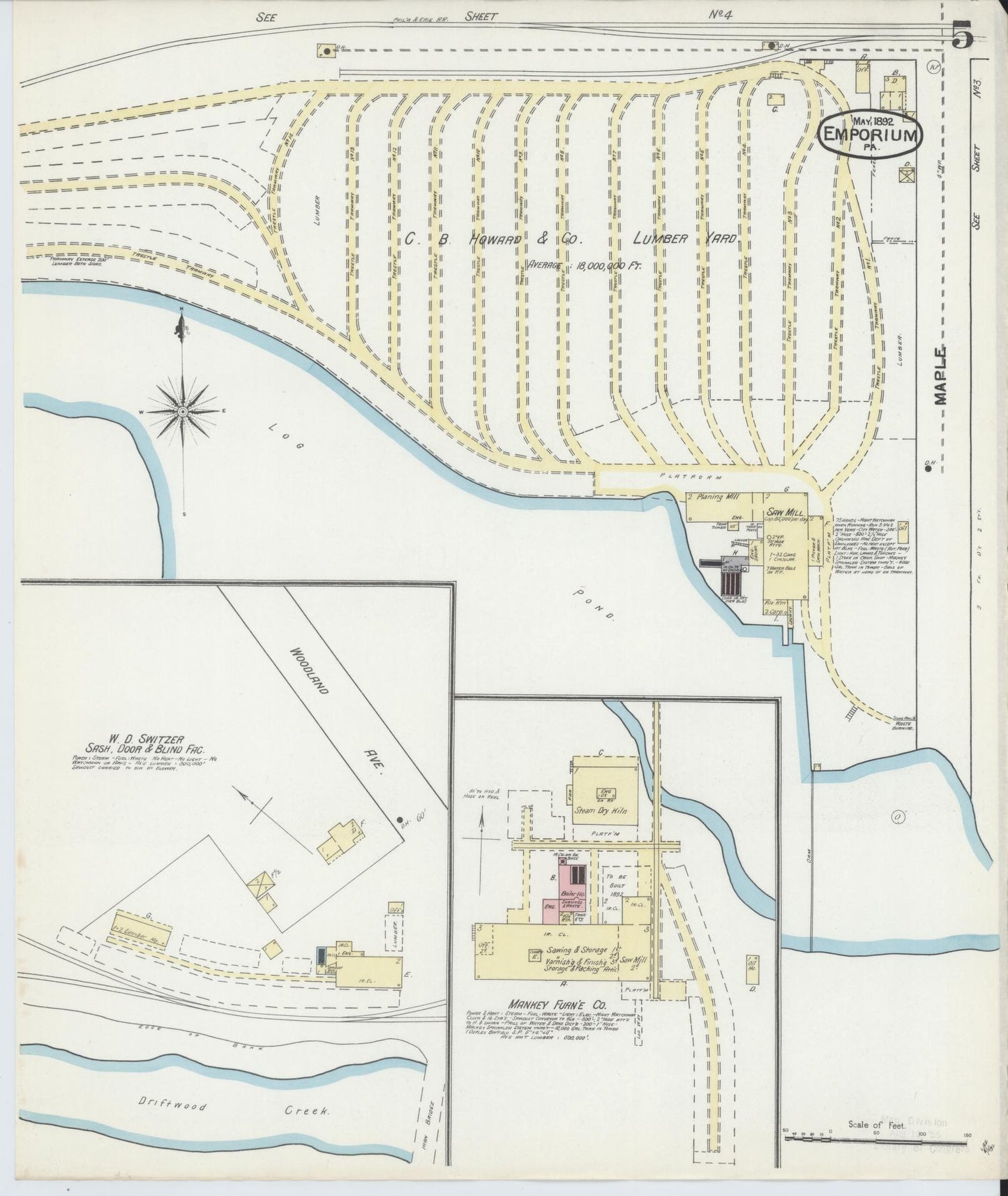 Sanborn Fire Insurance Map from Emporium, Cameron County, Pennsylvania (1892), Sheet #0005 - Historic Sanborn Fire Insurance Map Print, vintage old map wall art, antique decor, genealogy gift, Pennsylvania Pennsylvania map