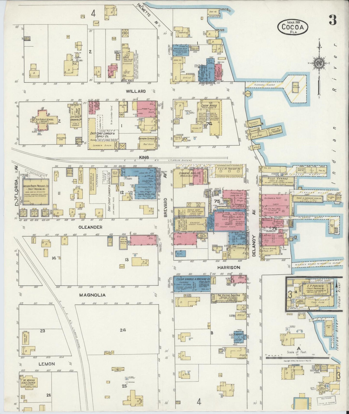 Sanborn Fire Insurance Map from Cocoa, Brevard County, Florida (1919), Sheet #0003 - Historic Sanborn Fire Insurance Map Print, vintage old map wall art, antique decor, genealogy gift, Florida Florida map