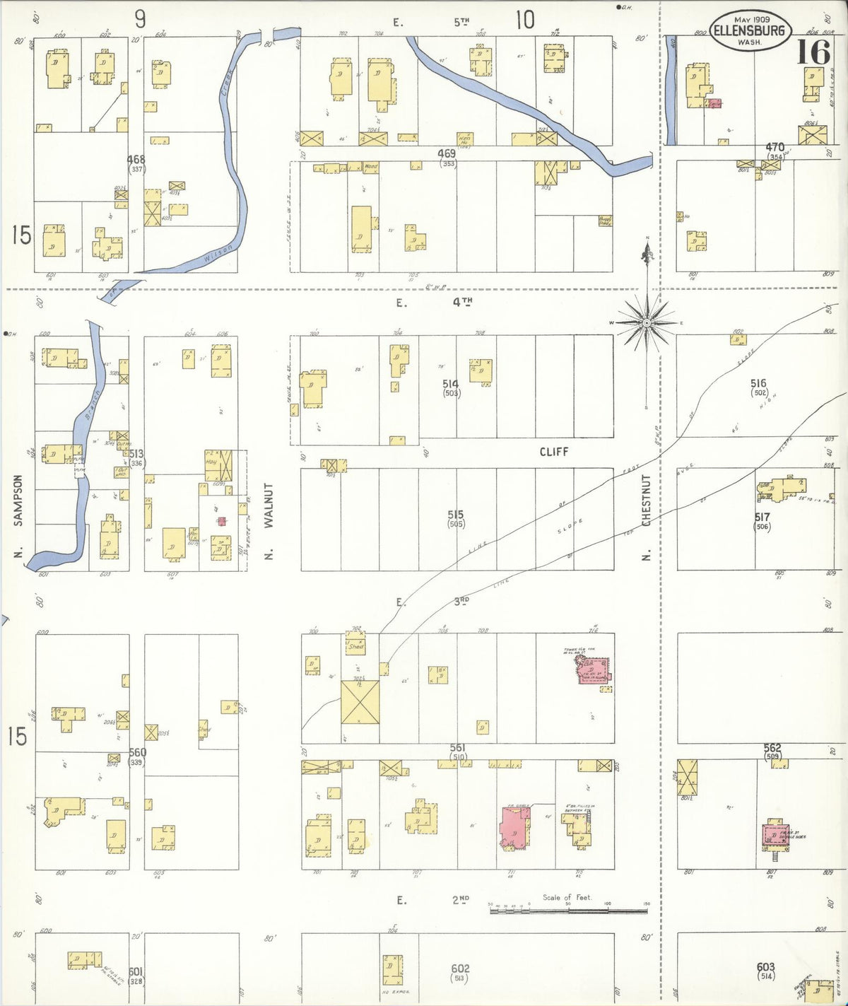 Sanborn Fire Insurance Map from Ellensburg, Kittitas County, Washington (1909), Sheet #0016 - Historic Sanborn Fire Insurance Map Print, vintage old map wall art, antique decor, genealogy gift, Washington Washington map