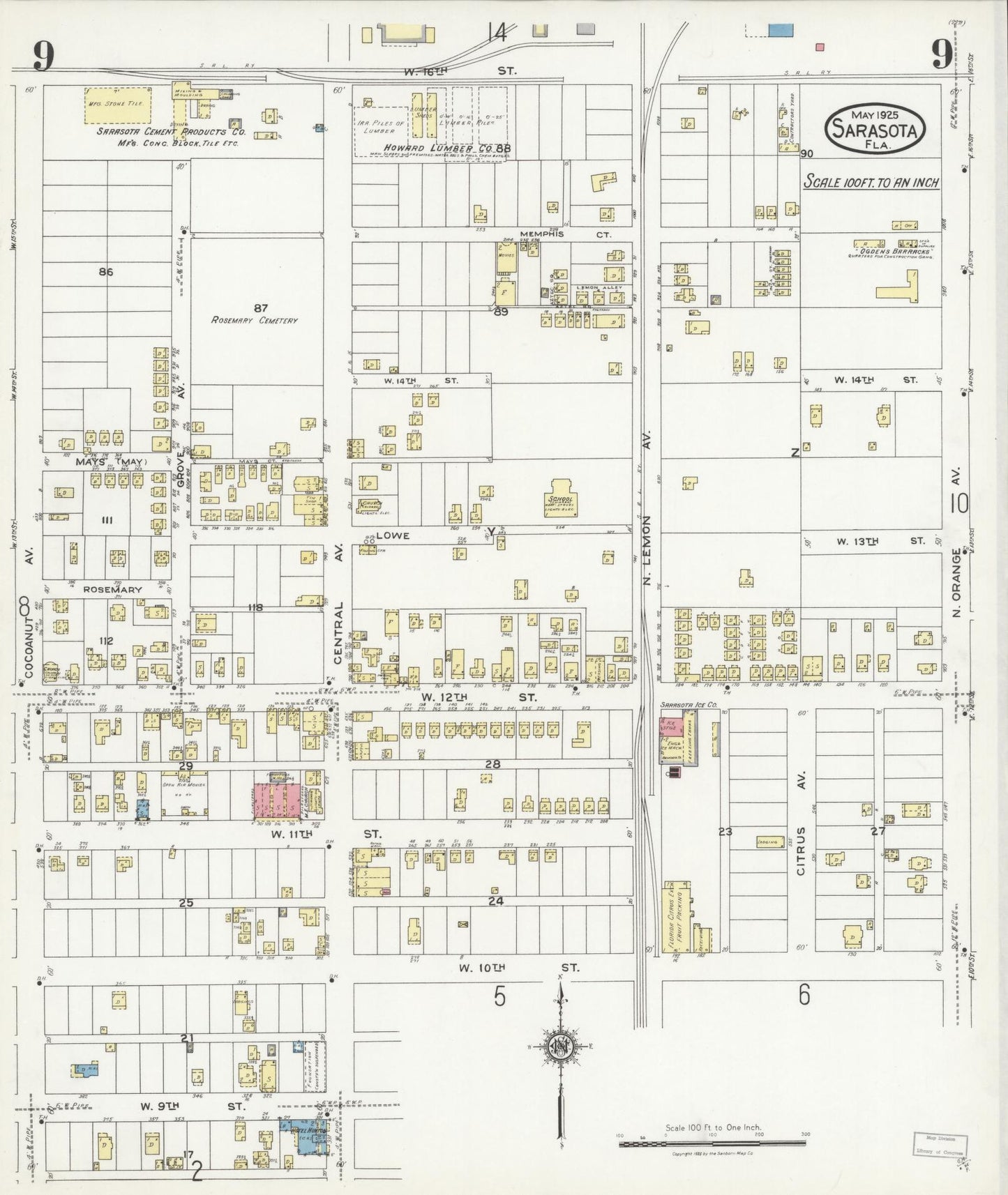 Sanborn Fire Insurance Map from Sarasota, Sarasota County, Florida (1925), Sheet #0009 - Historic Sanborn Fire Insurance Map Print, vintage old map wall art, antique decor, genealogy gift, Florida Florida map