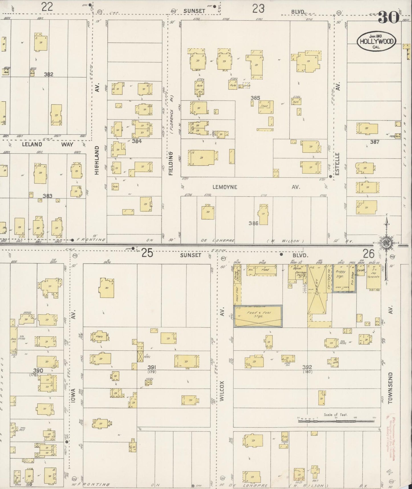 Sanborn Fire Insurance Map from Hollywood, Los Angeles County, California (1913), Sheet #0030 - Historic Sanborn Fire Insurance Map Print, vintage old map wall art, antique decor, genealogy gift, California California map