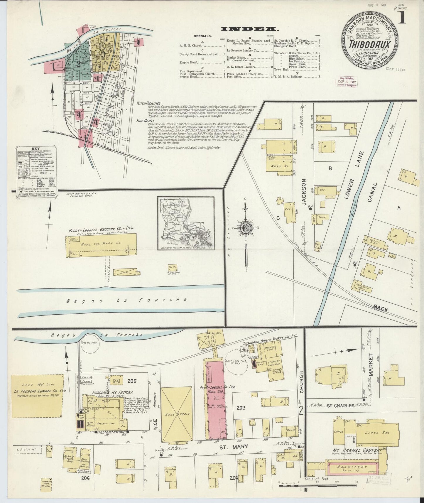 Sanborn Fire Insurance Map from Thibodaux, Lafourche Parish, Louisiana. (1912) – Historic Sanborn Fire Insurance Map Print